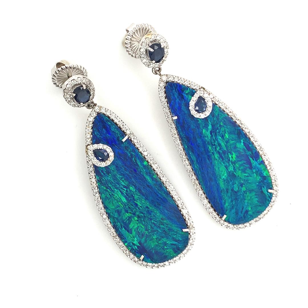 Pear Cut Natural Opal, Sapphire, and Diamond Dangling Earrings For Sale
