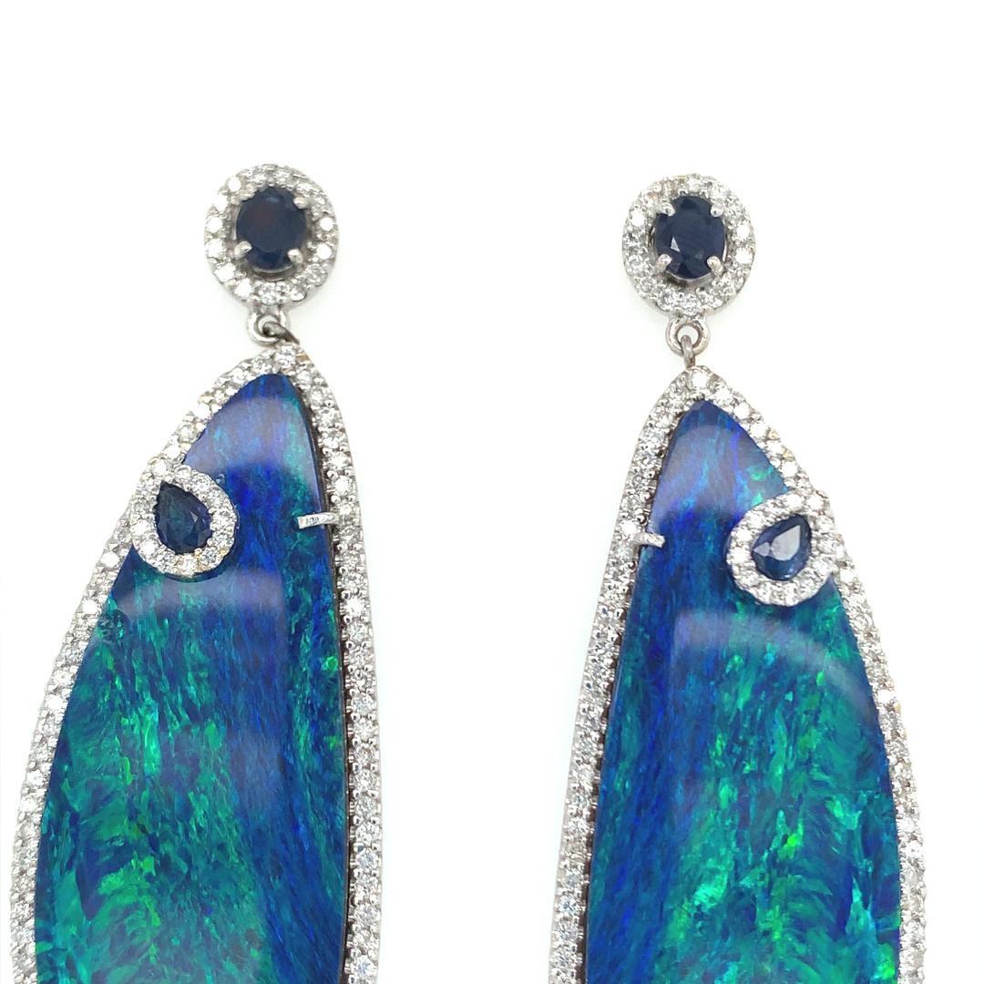 Natural Opal, Sapphire, and Diamond Dangling Earrings In New Condition For Sale In New York, NY