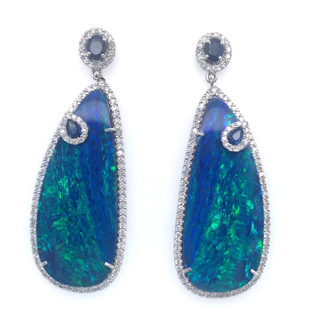 Women's Natural Opal, Sapphire, and Diamond Dangling Earrings For Sale