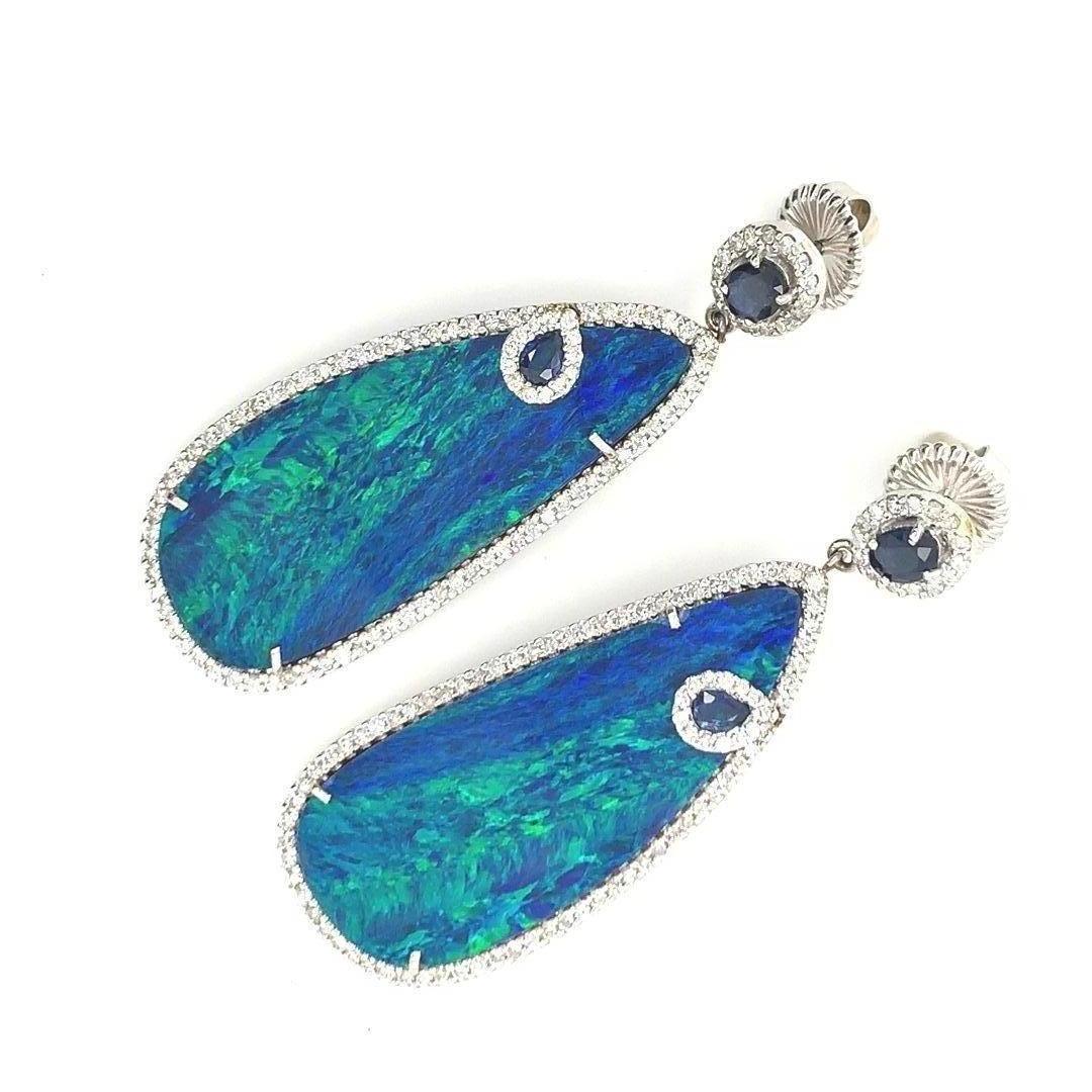 Natural Opal, Sapphire, and Diamond Dangling Earrings For Sale 1