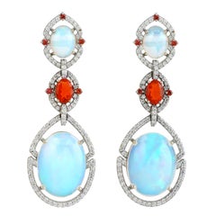 Natural Opal Sapphire Diamond Chandelier Drop Earrings 18k White Gold