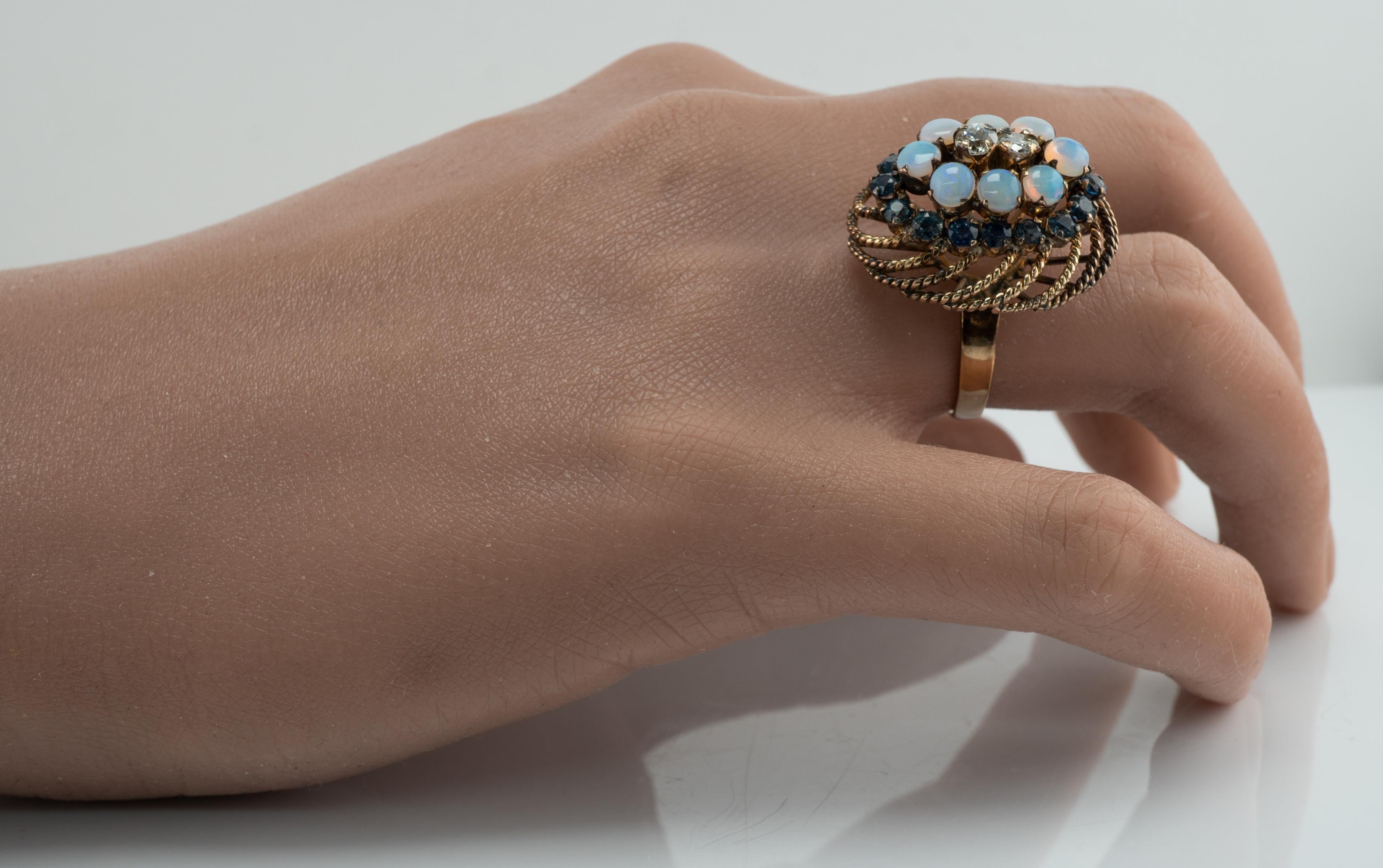 Natural Opal Sapphire Diamonds 14K Gold Ring Cocktail Vintage For Sale 5