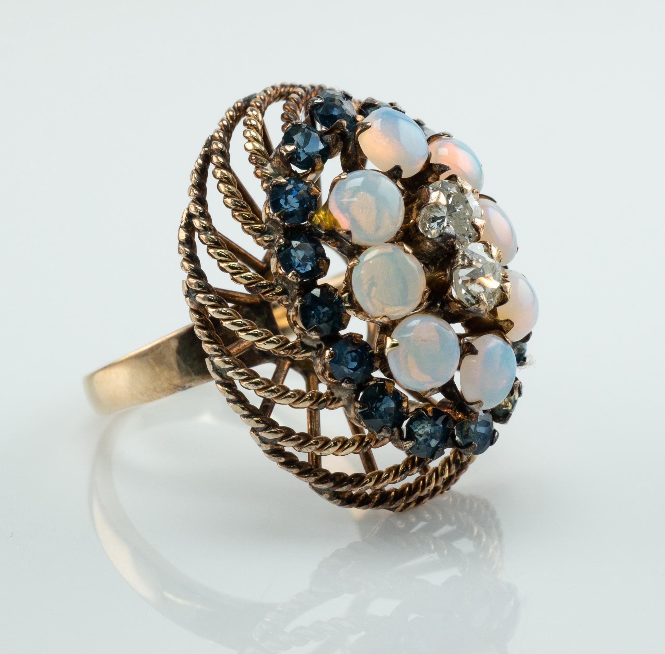 Round Cut Natural Opal Sapphire Diamonds 14K Gold Ring Cocktail Vintage For Sale