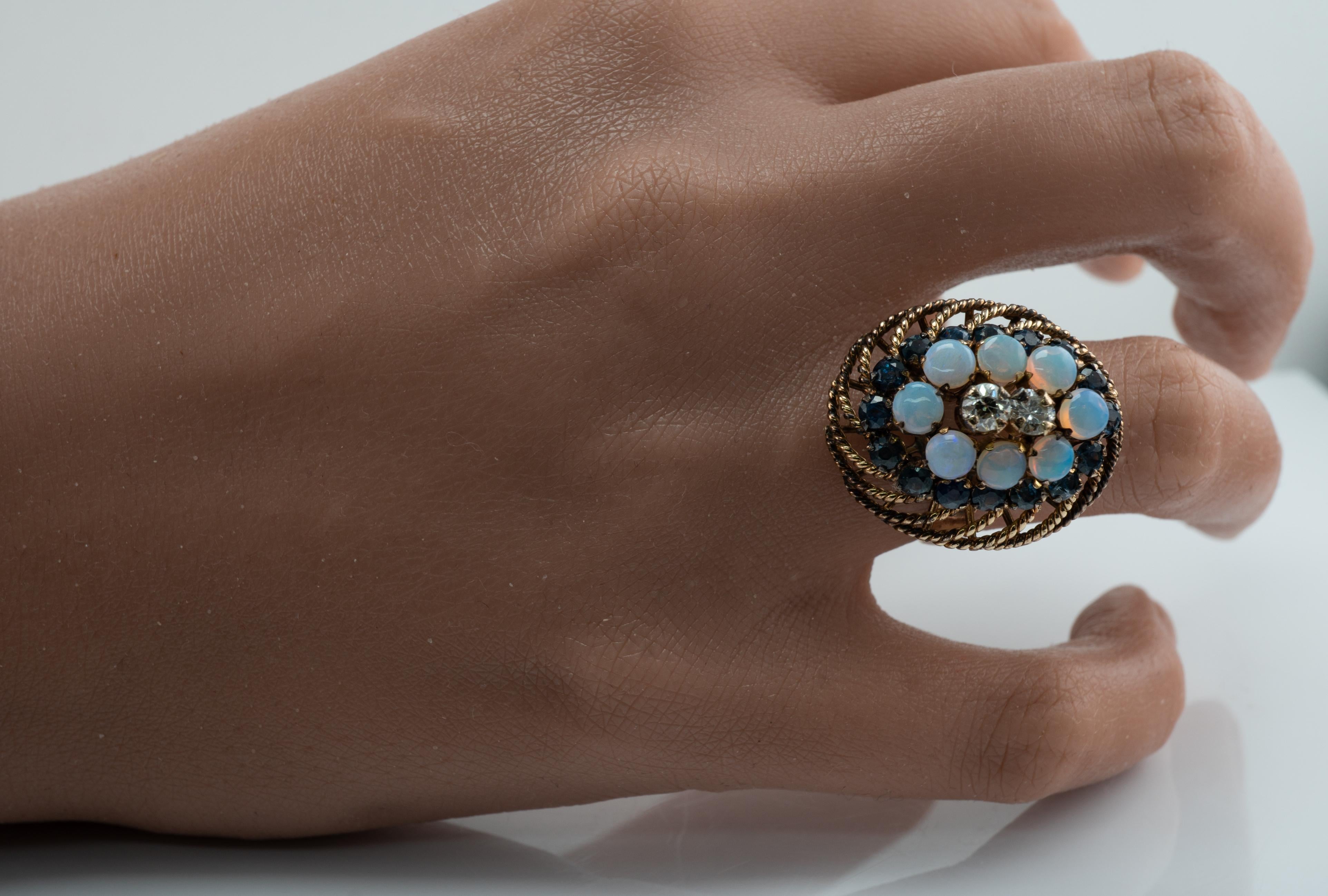 Natural Opal Sapphire Diamonds 14K Gold Ring Cocktail Vintage In Good Condition For Sale In East Brunswick, NJ