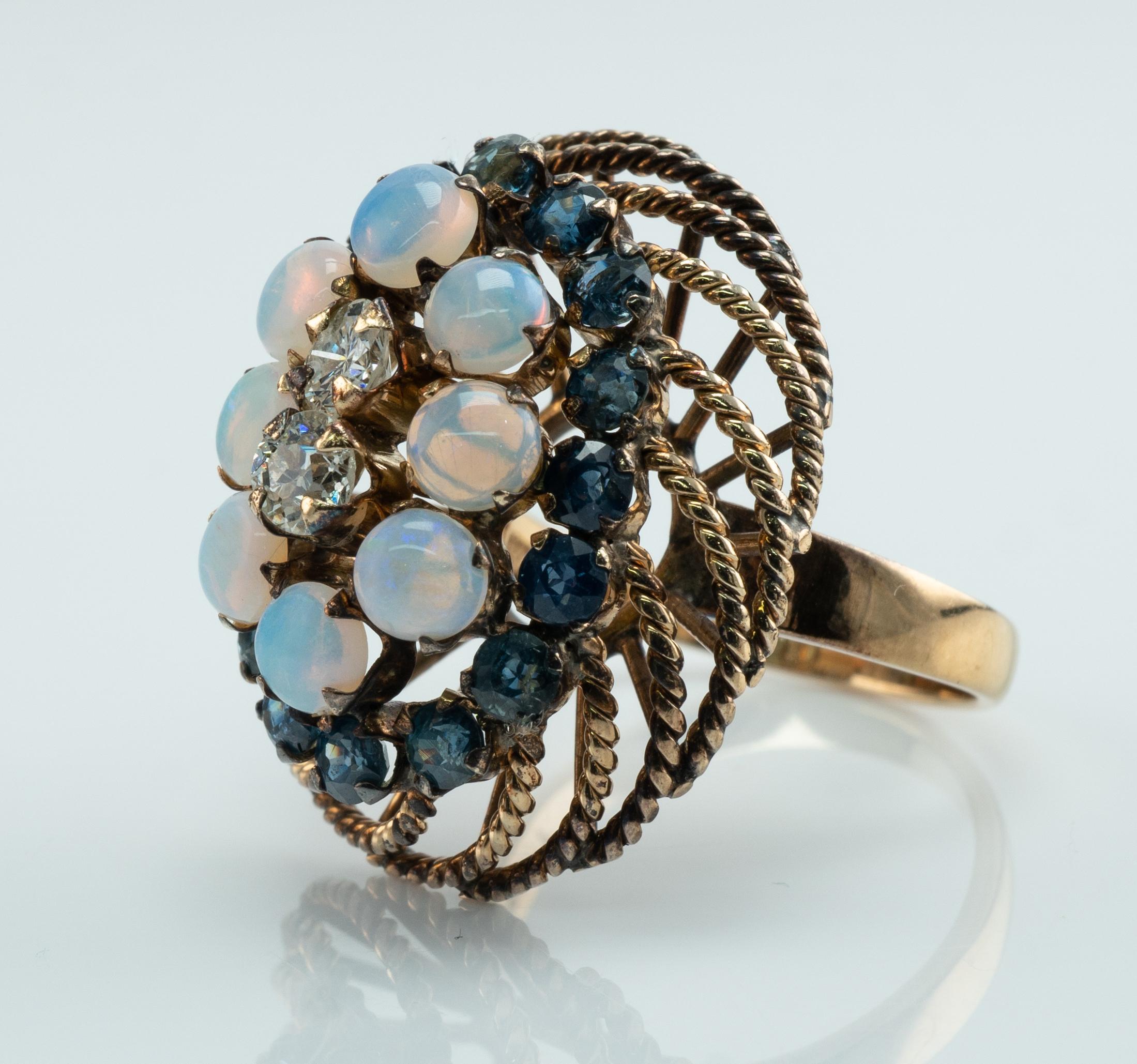 Natürlicher Opal Saphir Diamanten 14K Gold Ring Cocktail Vintage Damen im Angebot
