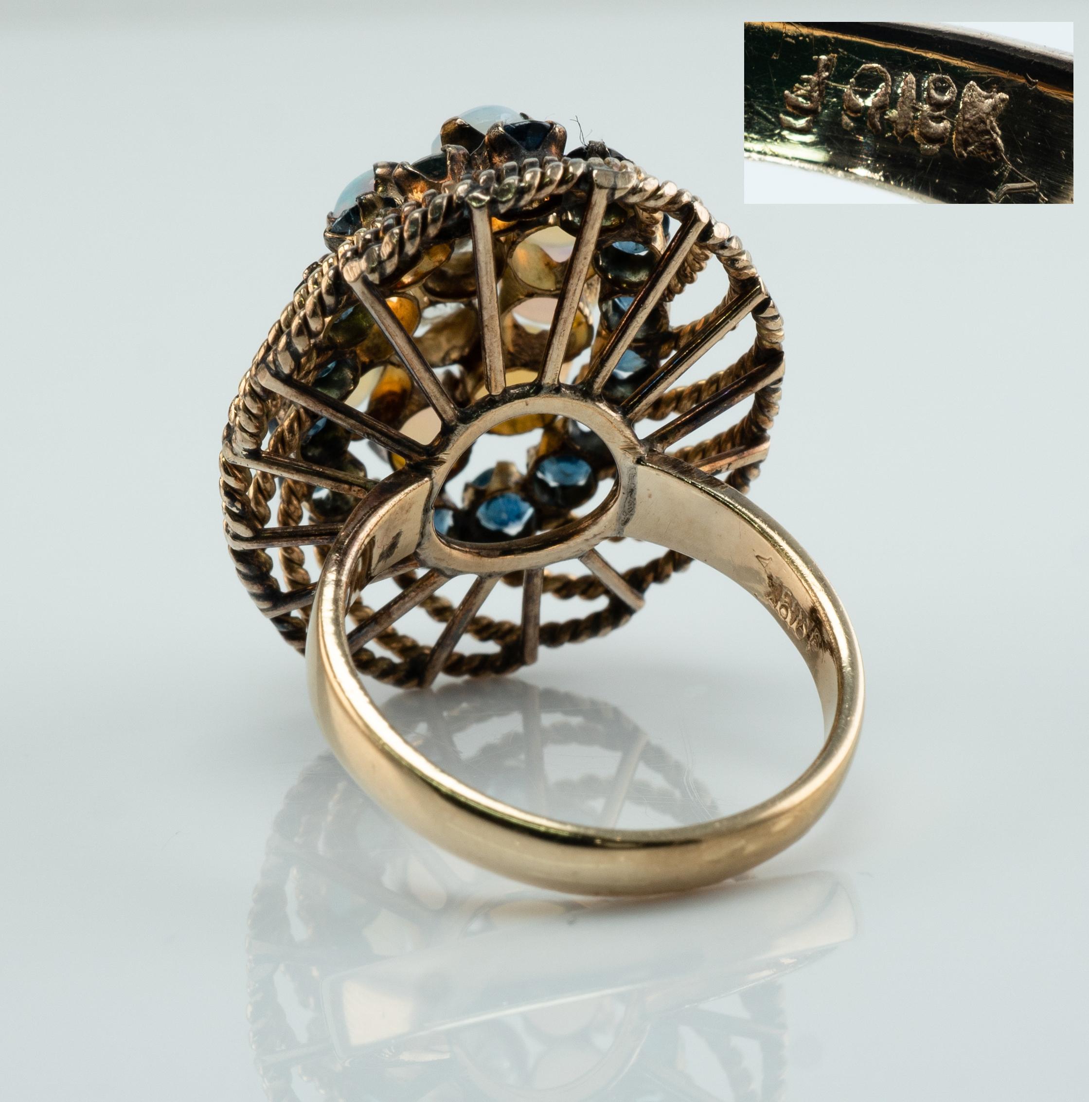 Natürlicher Opal Saphir Diamanten 14K Gold Ring Cocktail Vintage im Angebot 1