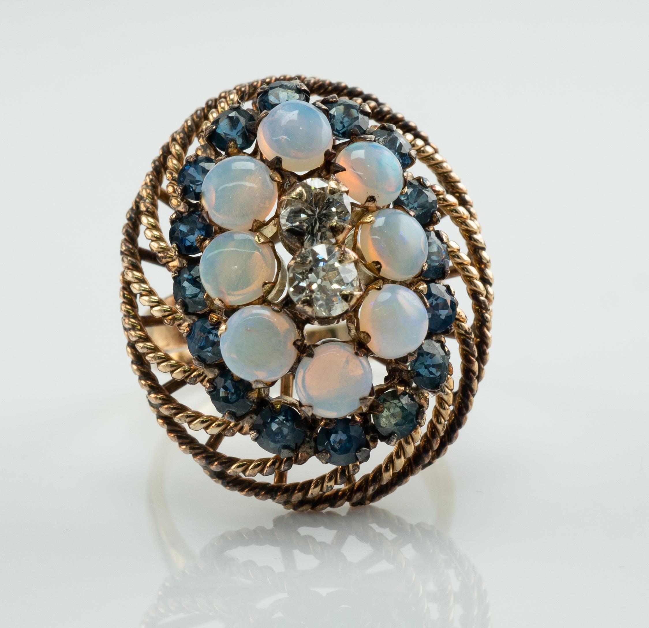 Natural Opal Sapphire Diamonds 14K Gold Ring Cocktail Vintage For Sale 2