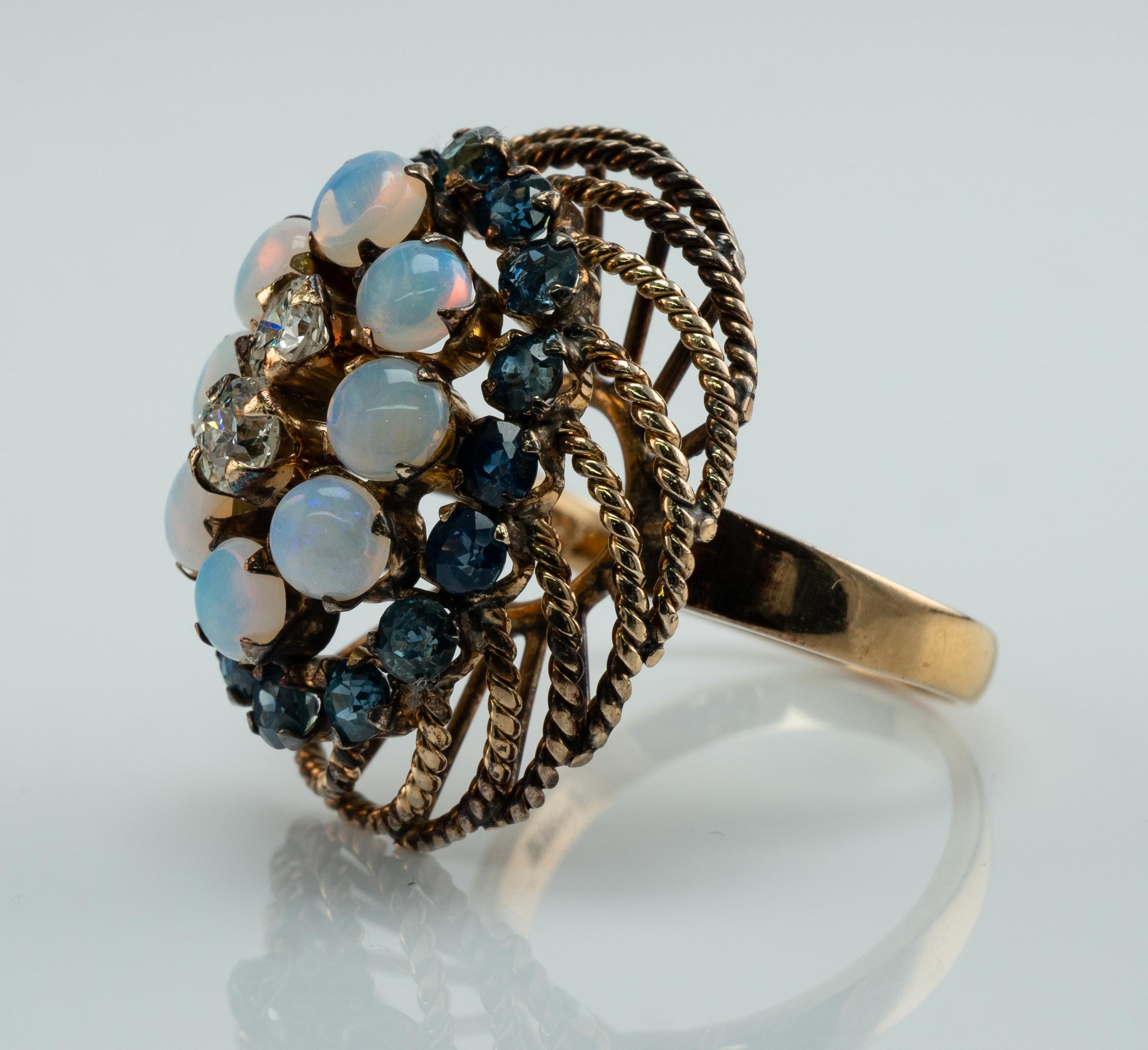 Natural Opal Sapphire Diamonds 14K Gold Ring Cocktail Vintage For Sale 3