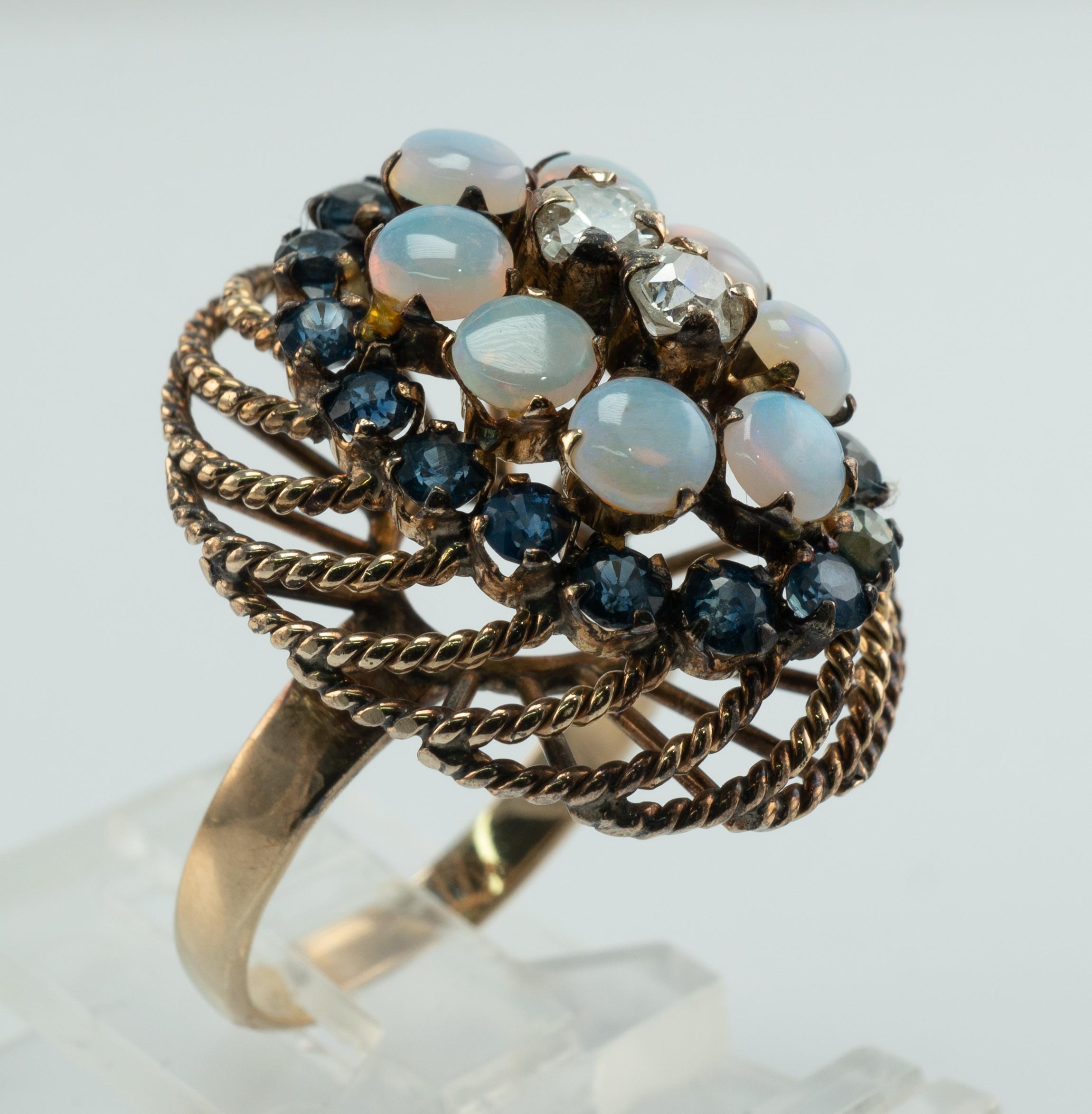 Nature Opale Saphir Diamants Bague Or 14K Cocktail Vintage en vente 4