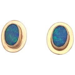 Retro Natural Opal Stud Earrings Encased in 14 Karat Yellow Gold Bezels