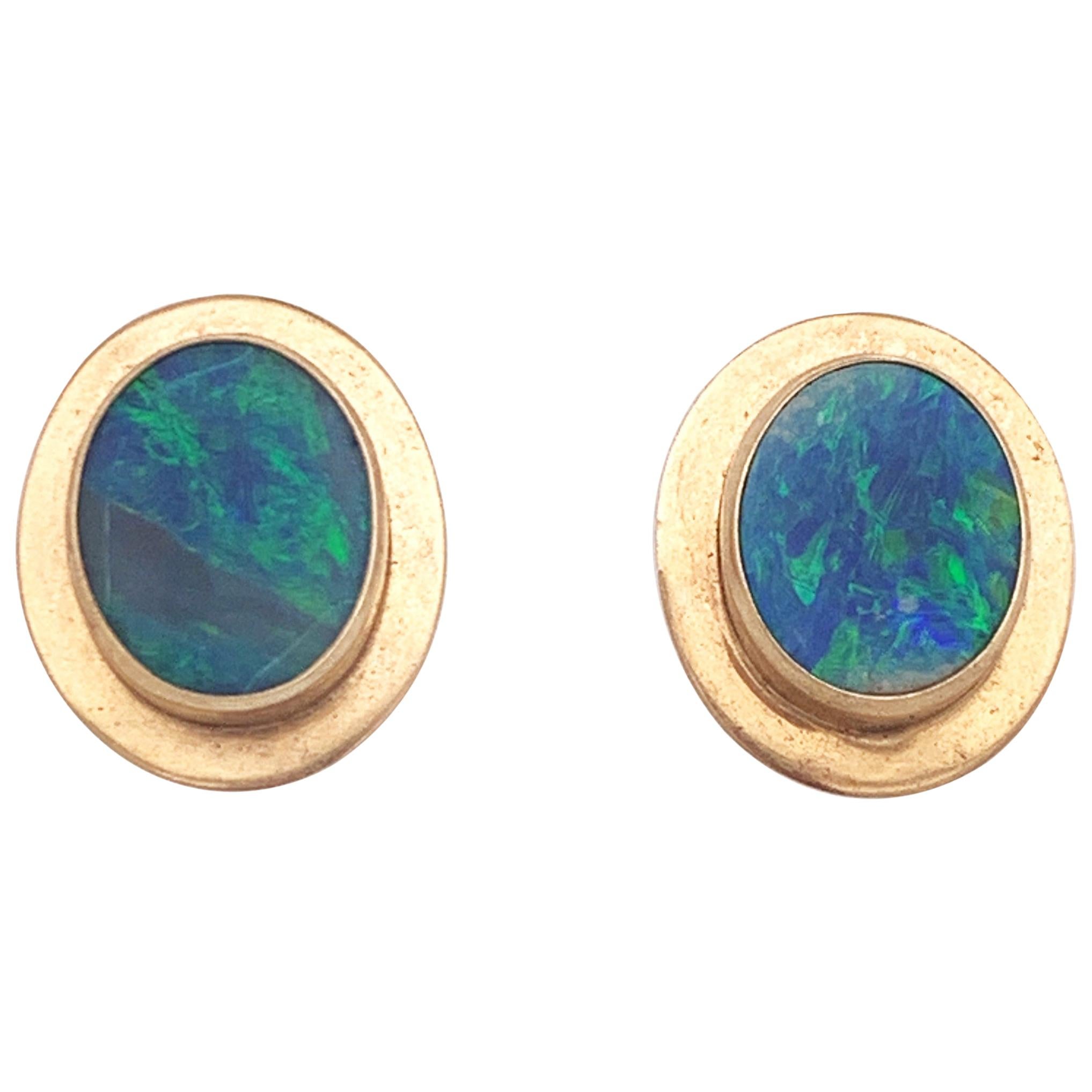 Natural Opal Stud Earrings Encased in 14 Karat Yellow Gold Bezels