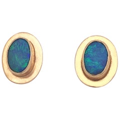 Natural Opal Stud Earrings Encased in 14 Karat Yellow Gold Bezels