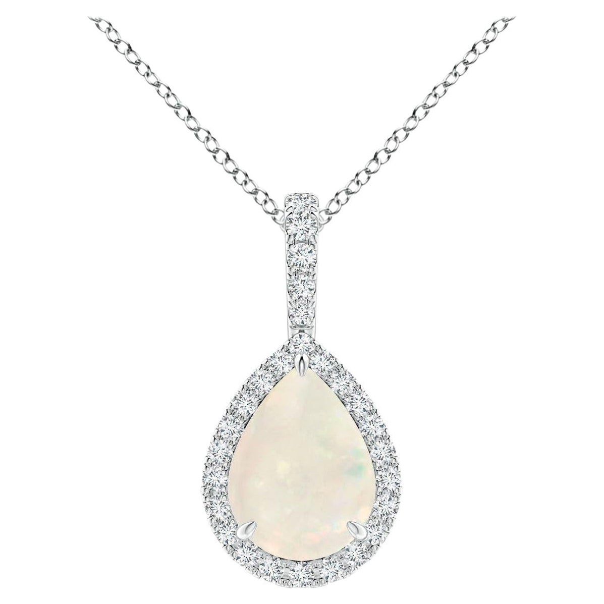 Pendentif goutte d'opale naturelle avec halo en diamant en or blanc 14K