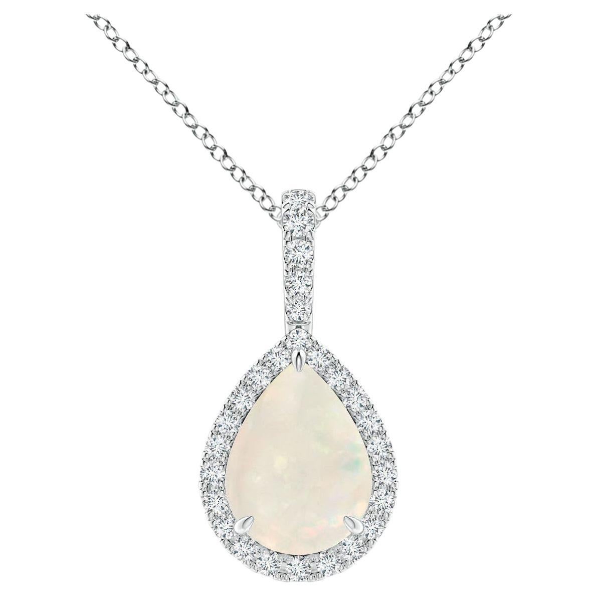 Natural Opal Teardrop Pendant with Diamond Halo in 18K White Gold