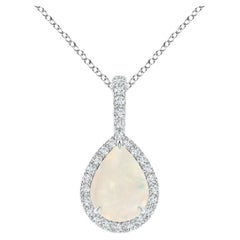 Natural Opal Teardrop Pendant with Diamond Halo in 18K White Gold