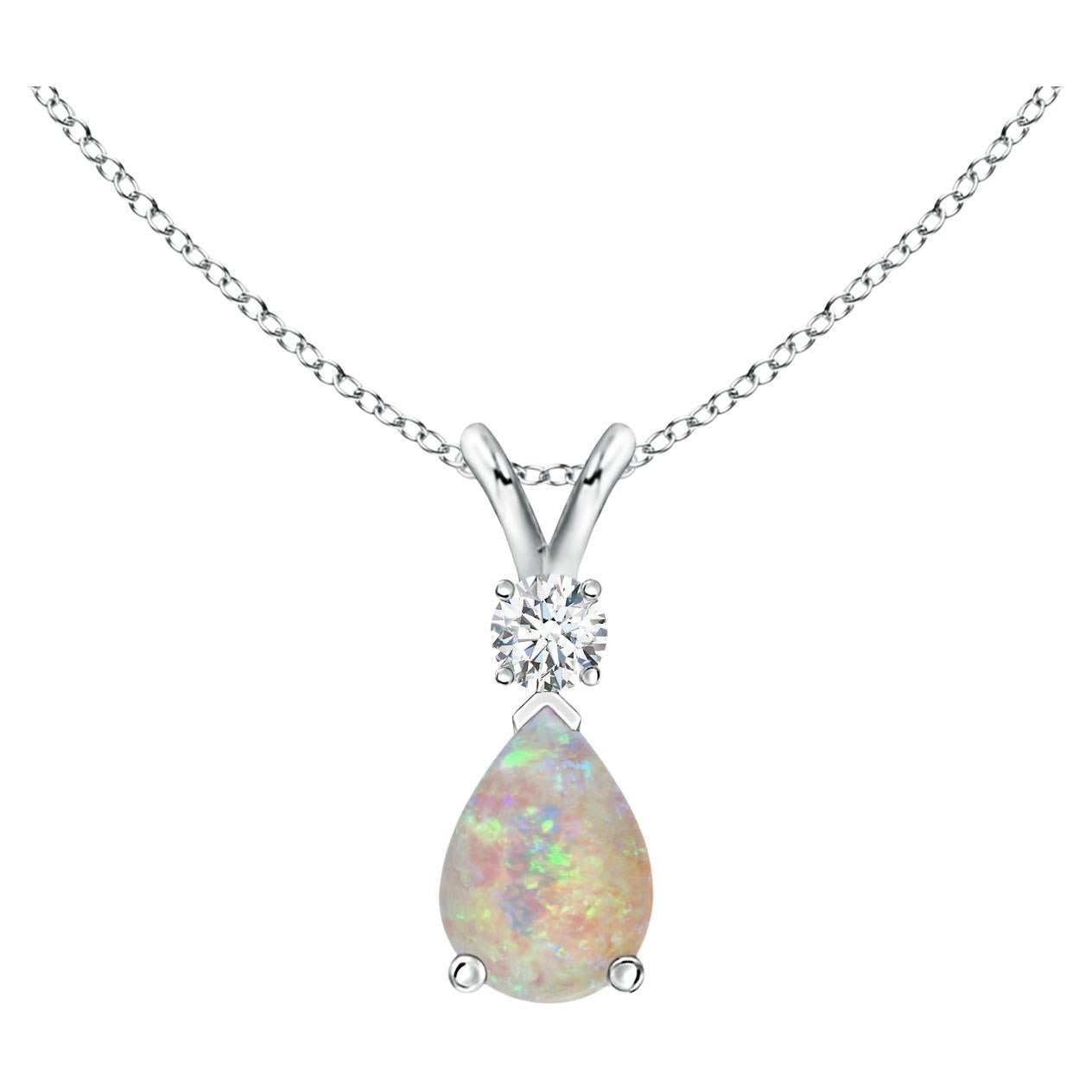 ANGARA Natural 0.42ct Opal Teardrop Pendant with Diamond in 14K White Gold For Sale