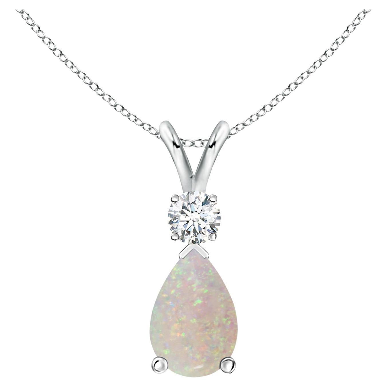 ANGARA Natural 0.90ct Opal Teardrop Pendant with Diamond in 14K White Gold For Sale