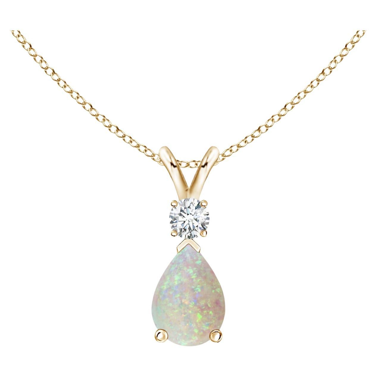 Natural Opal Teardrop Pendant with Diamond in 14K Yellow Gold (Size-7x5mm) For Sale