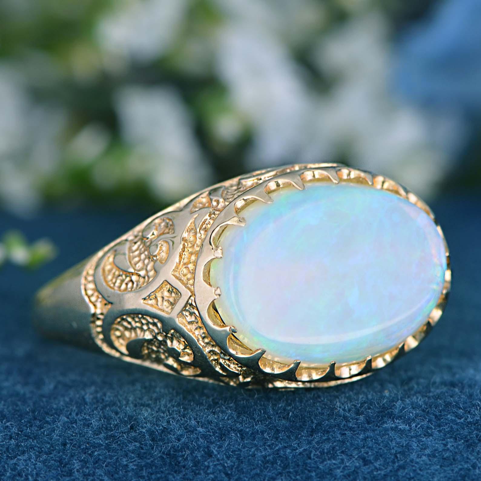 Edwardian Natural Opal Vintage Style Carved Ring in Solid 9K Yellow Gold For Sale