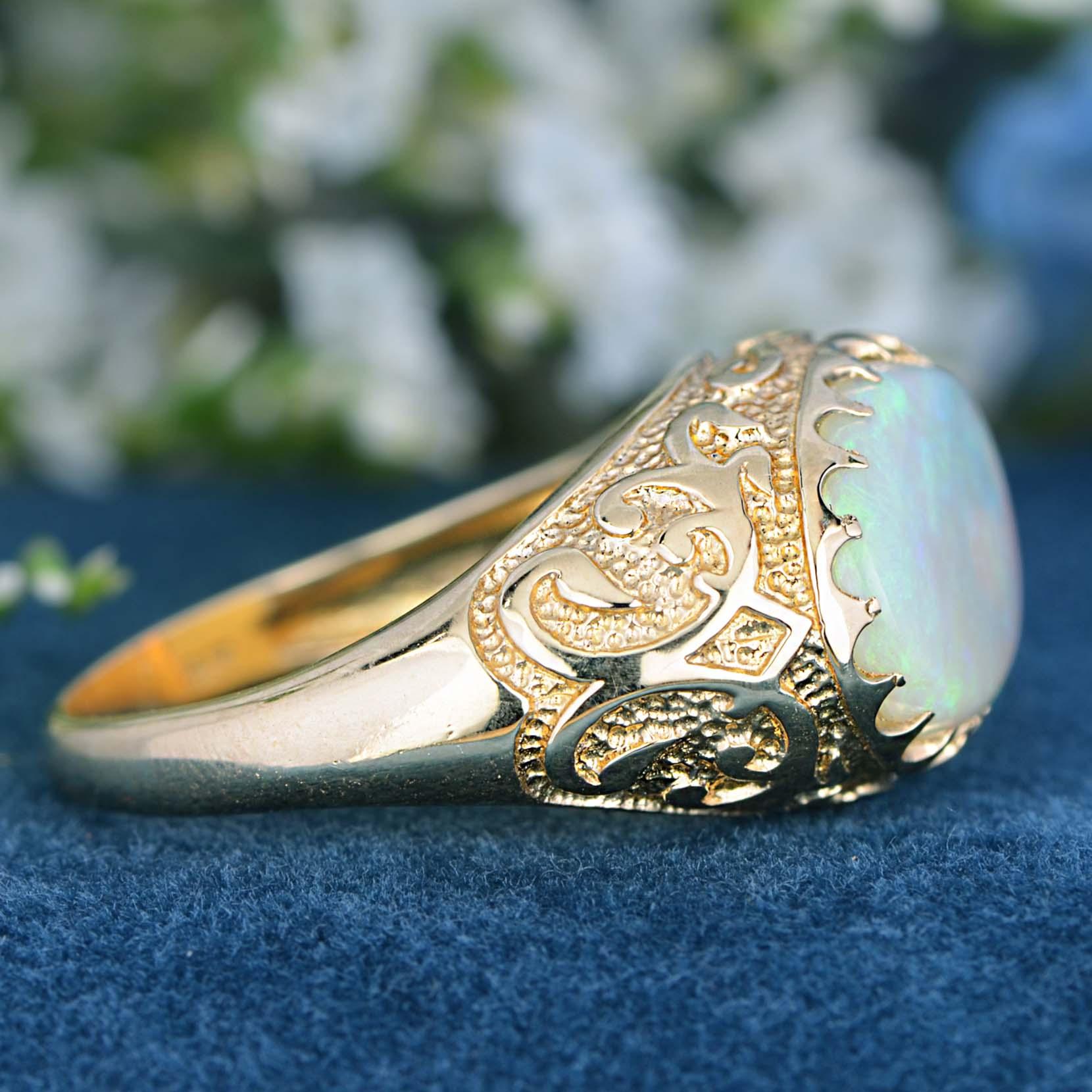 Oval Cut Natural Opal Vintage Style Carved Ring in Solid 9K Yellow Gold For Sale