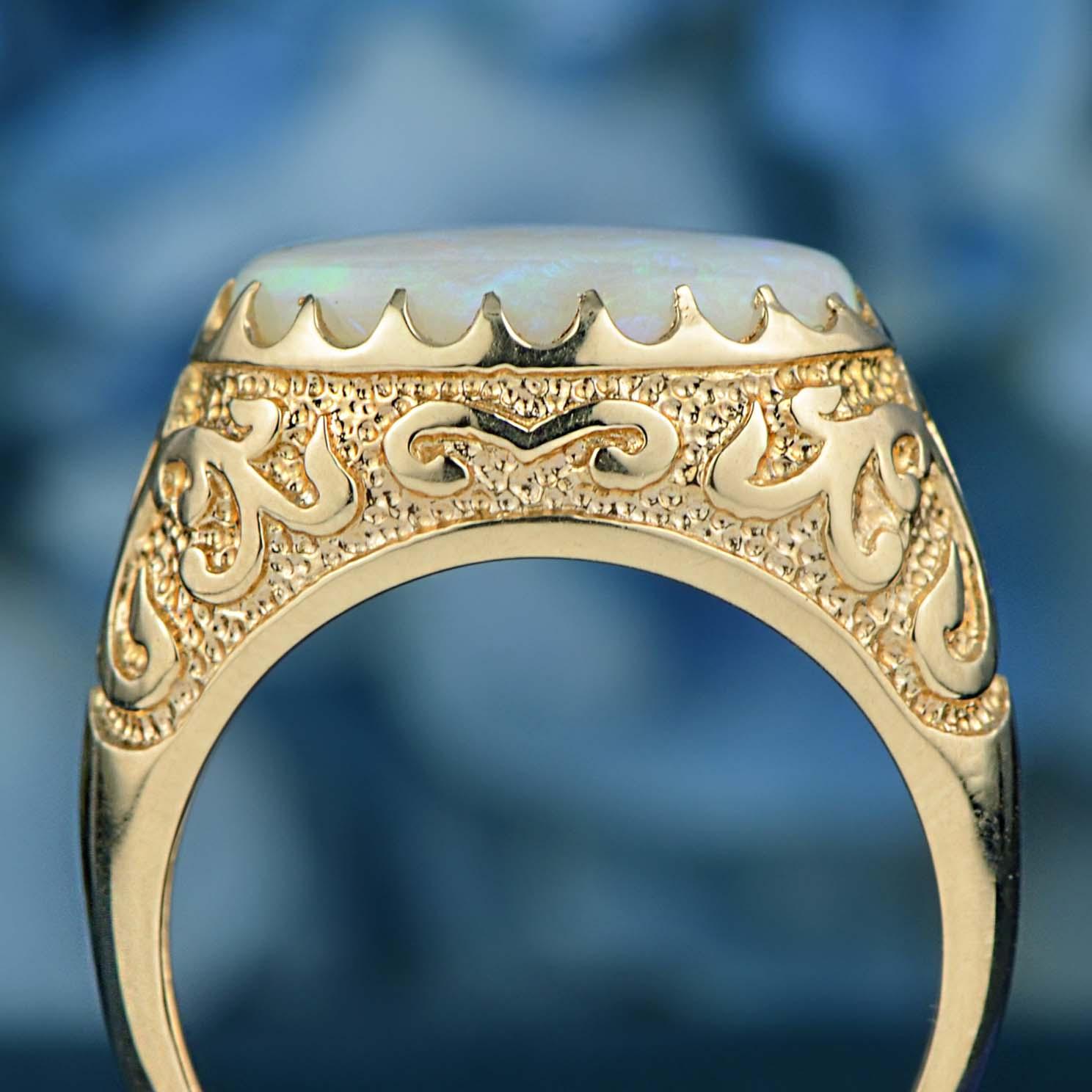 Natural Opal Vintage Style Carved Ring in Solid 9K Yellow Gold In New Condition For Sale In Bangkok, TH