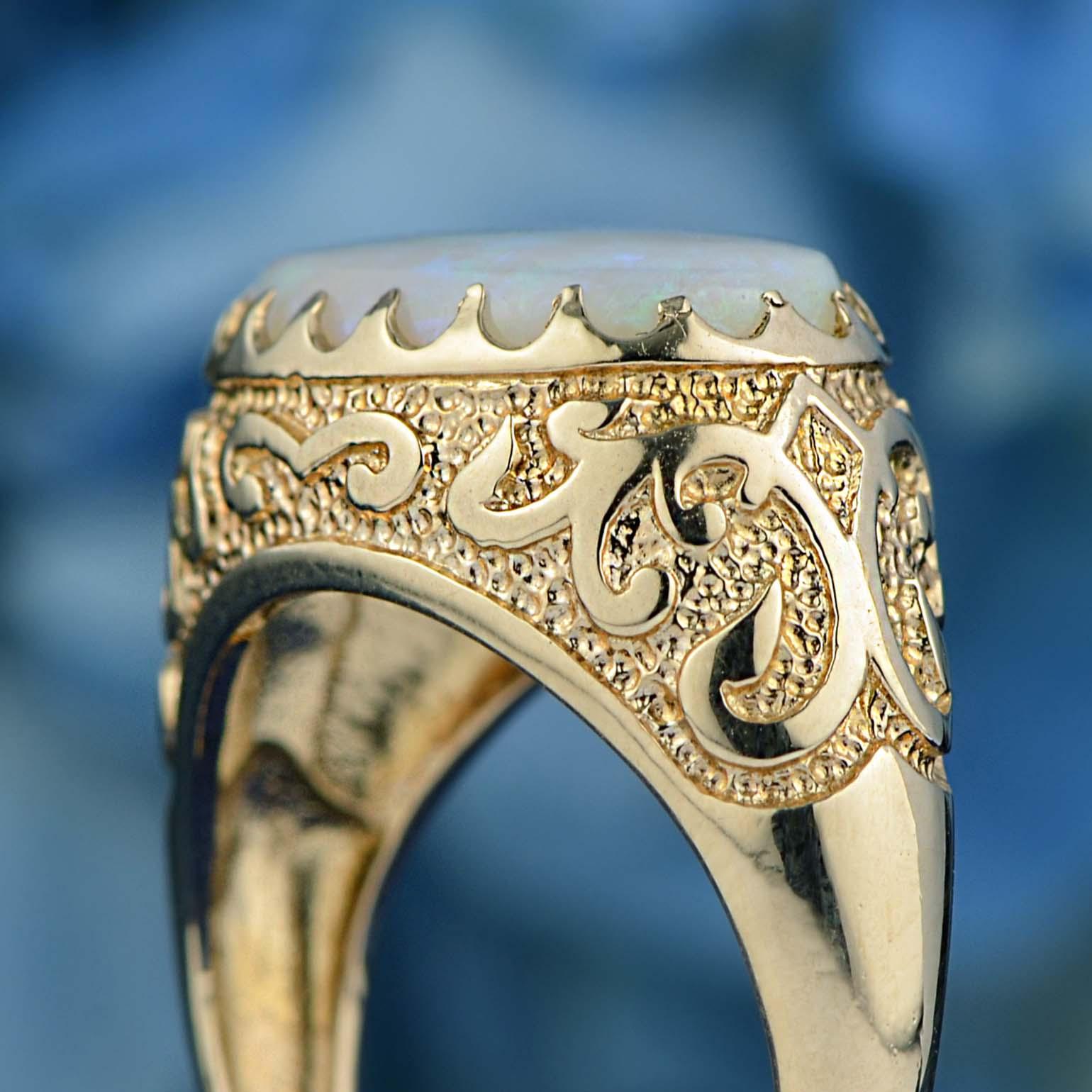 Women's Natural Opal Vintage Style Carved Ring in Solid 9K Yellow Gold For Sale