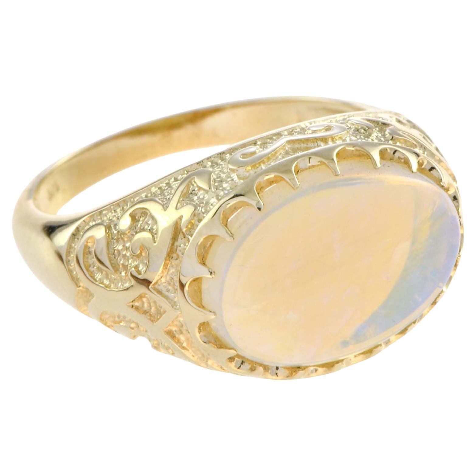 Natural Opal Vintage Style Carved Ring in Solid 9K Yellow Gold