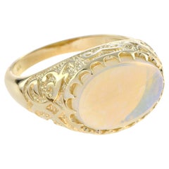 Natural Opal Vintage Style Carved Ring in Solid 9K Yellow Gold