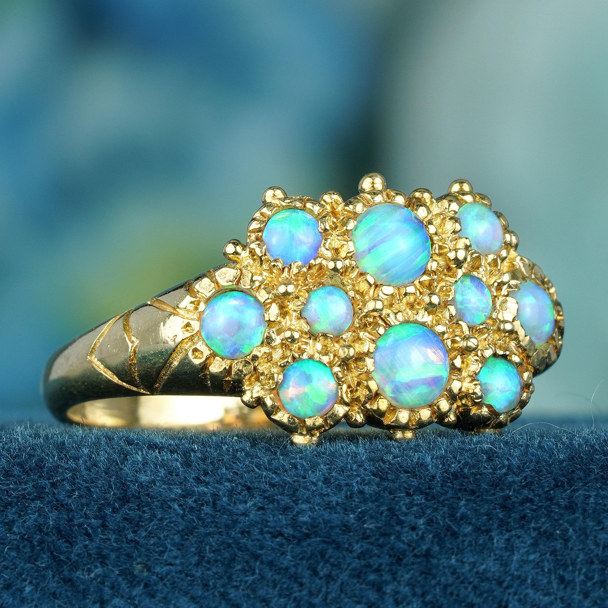 Edwardian Natural Opal Vintage Style Cluster Ring in Solid 9K Yellow Gold For Sale