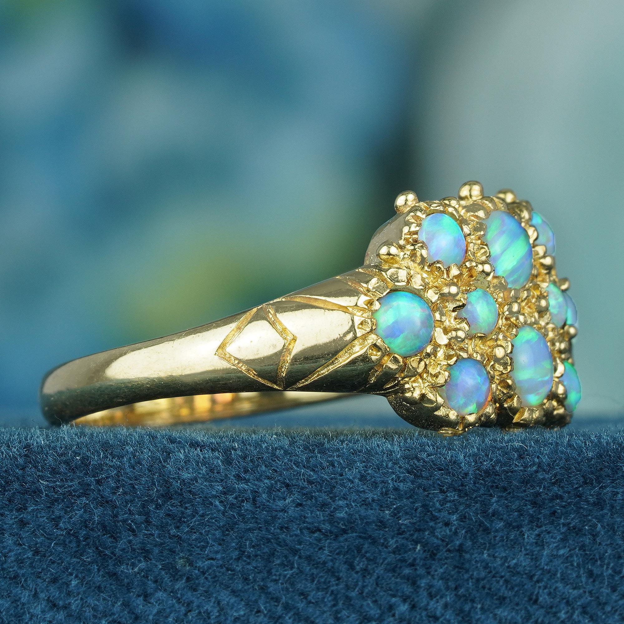 Round Cut Natural Opal Vintage Style Cluster Ring in Solid 9K Yellow Gold For Sale