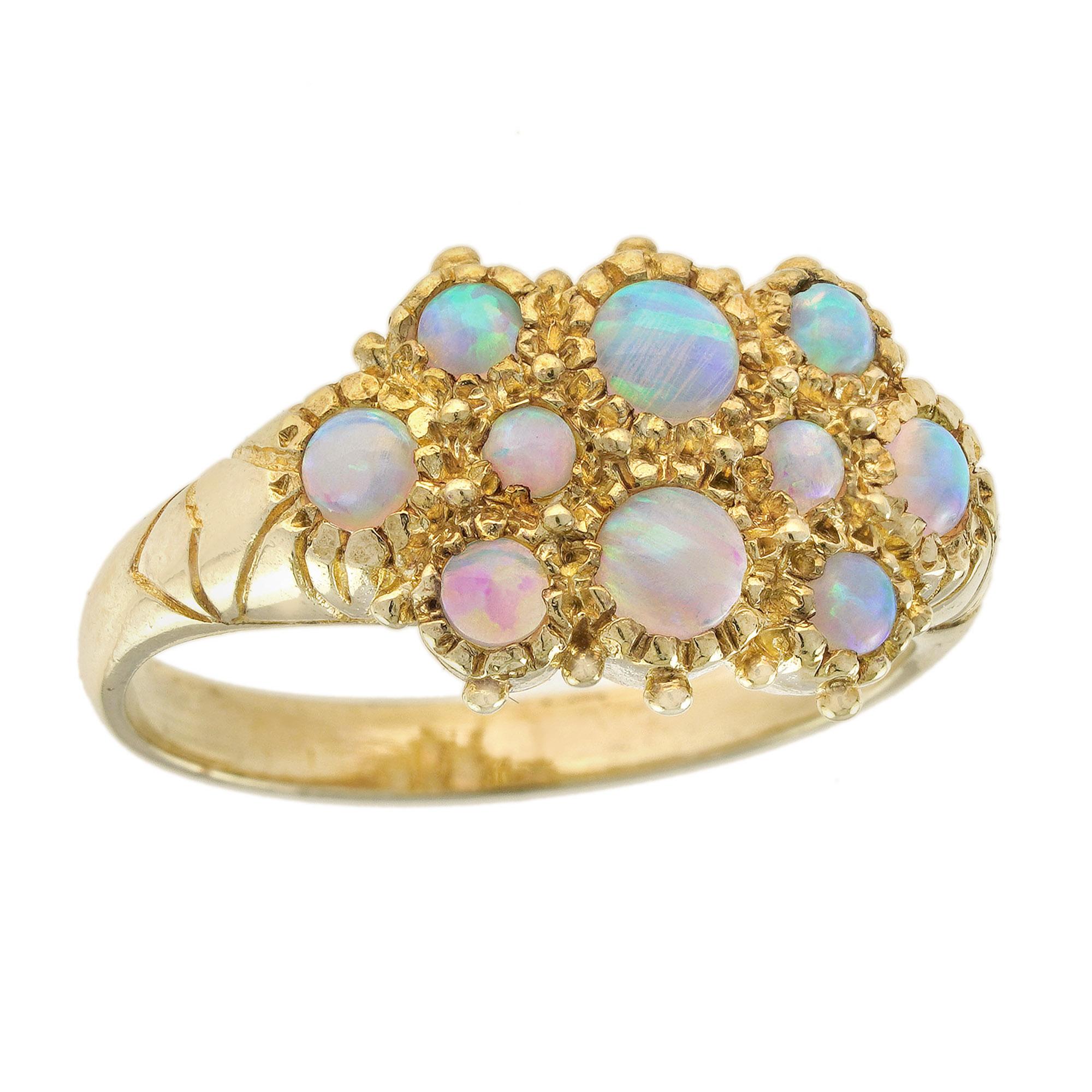 Natural Opal Vintage Style Cluster Ring in Solid 9K Yellow Gold For Sale