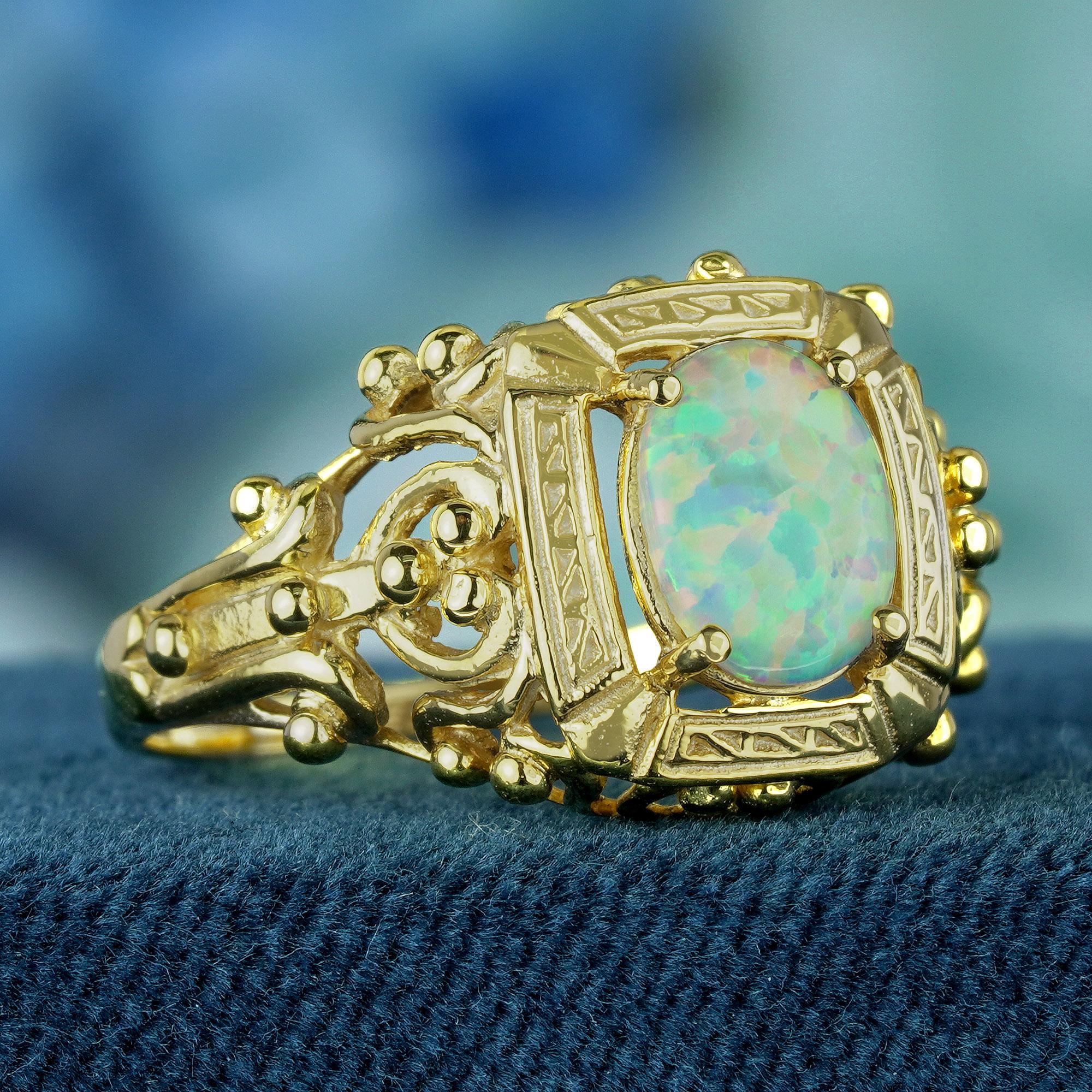 Edwardian Natural Opal Vintage Style Cocktail Filigree Ring in Solid 9K Yellow Gold For Sale