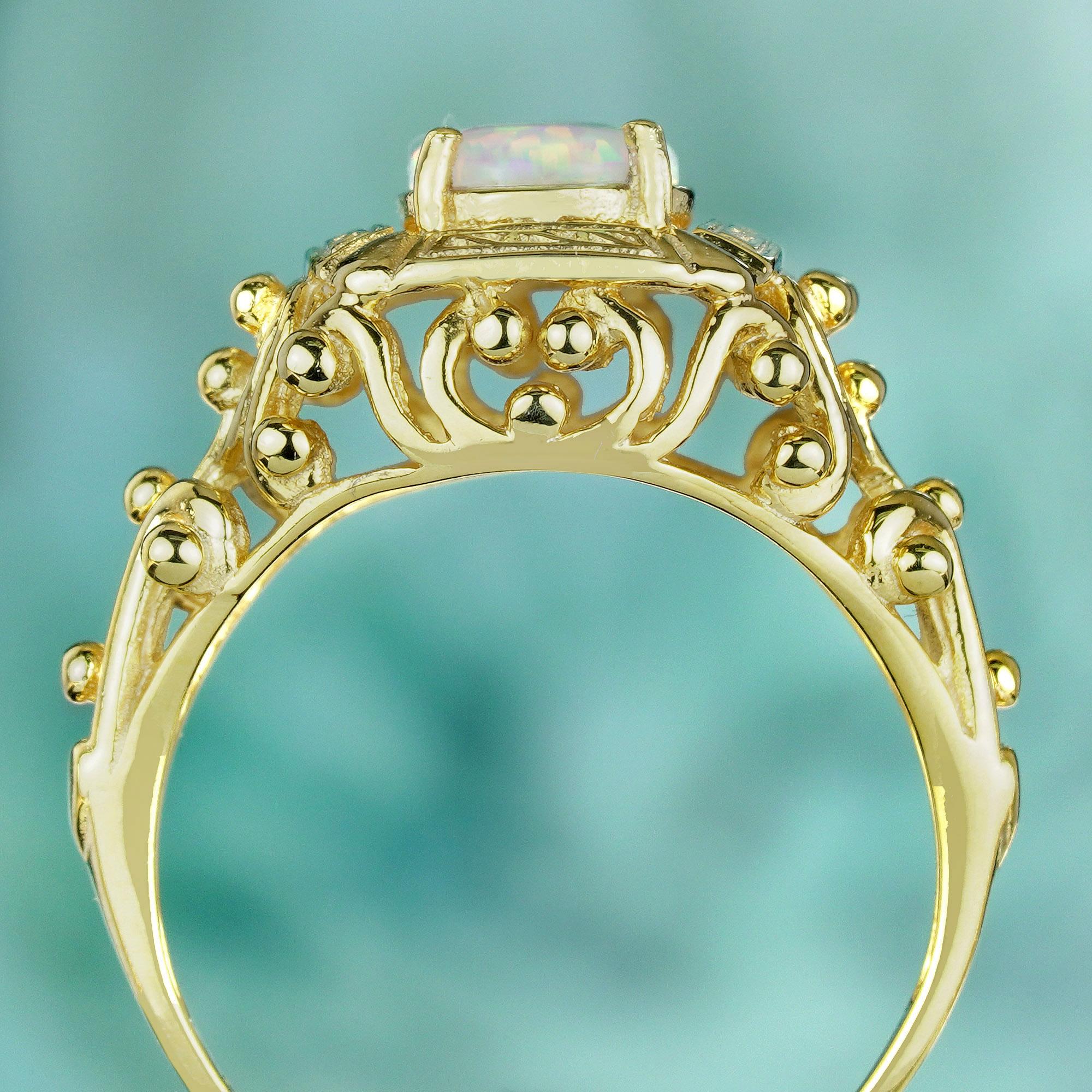Natural Opal Vintage Style Cocktail Filigree Ring in Solid 9K Yellow Gold In New Condition For Sale In Bangkok, TH
