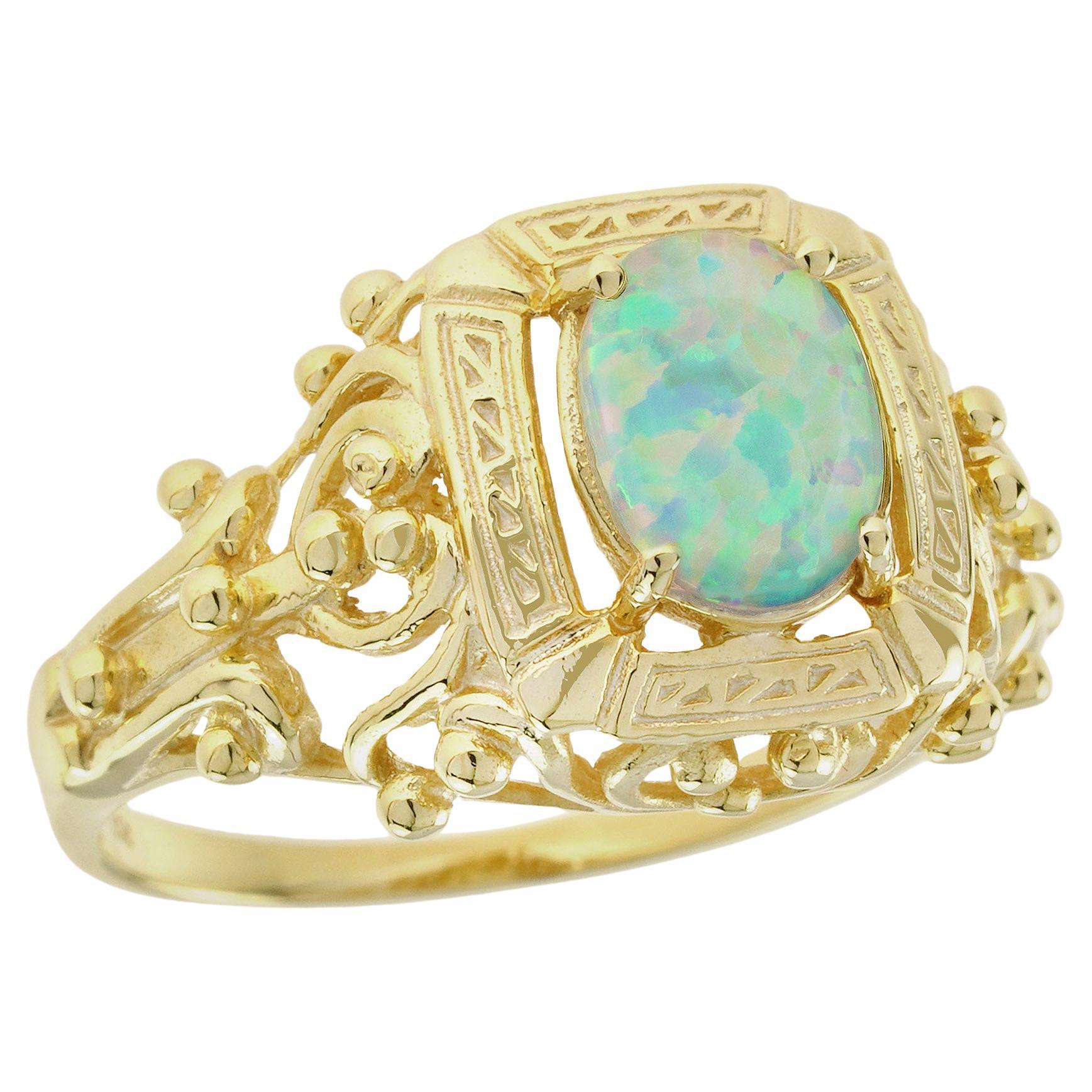 Natural Opal Vintage Style Cocktail Filigree Ring in Solid 9K Yellow Gold For Sale