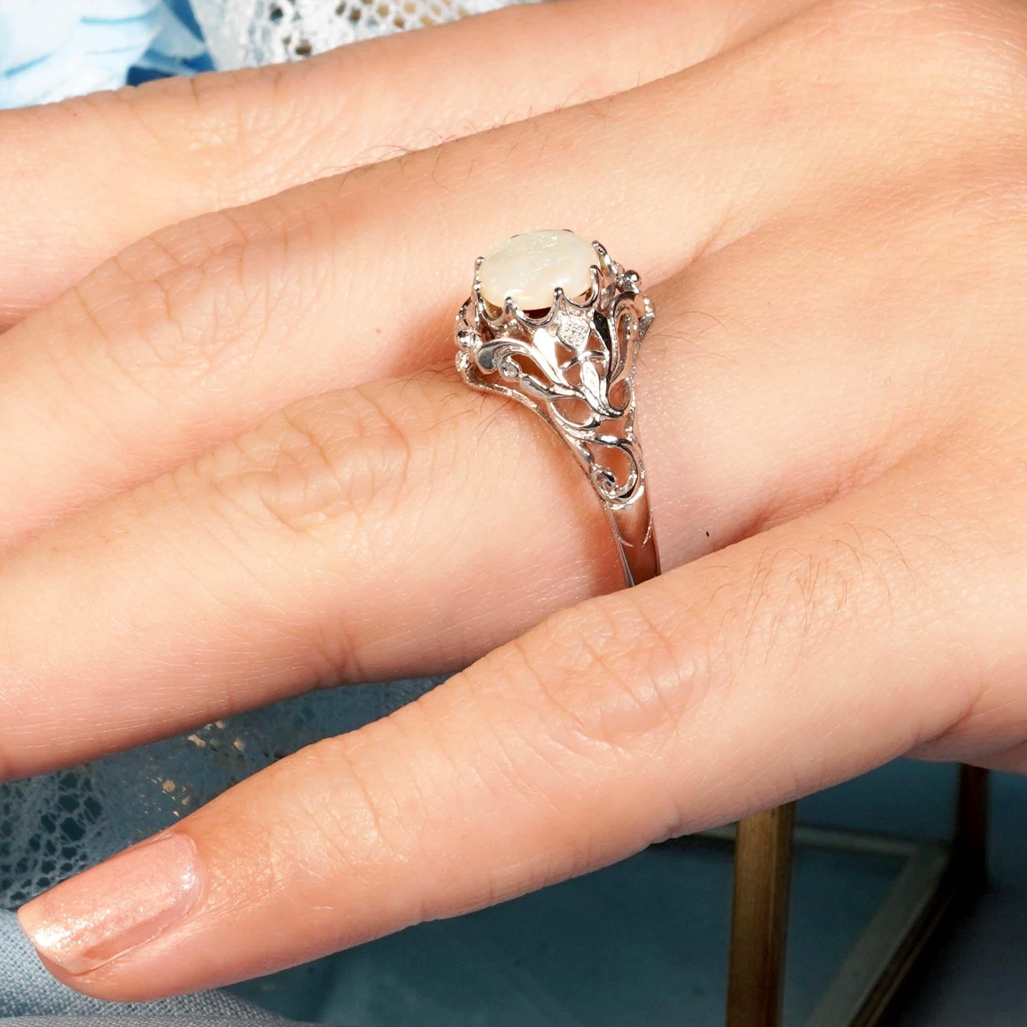 For Sale:  Natural Opal Vintage Style Filigree Solitaire Ring in Solid 9K White Gold 10
