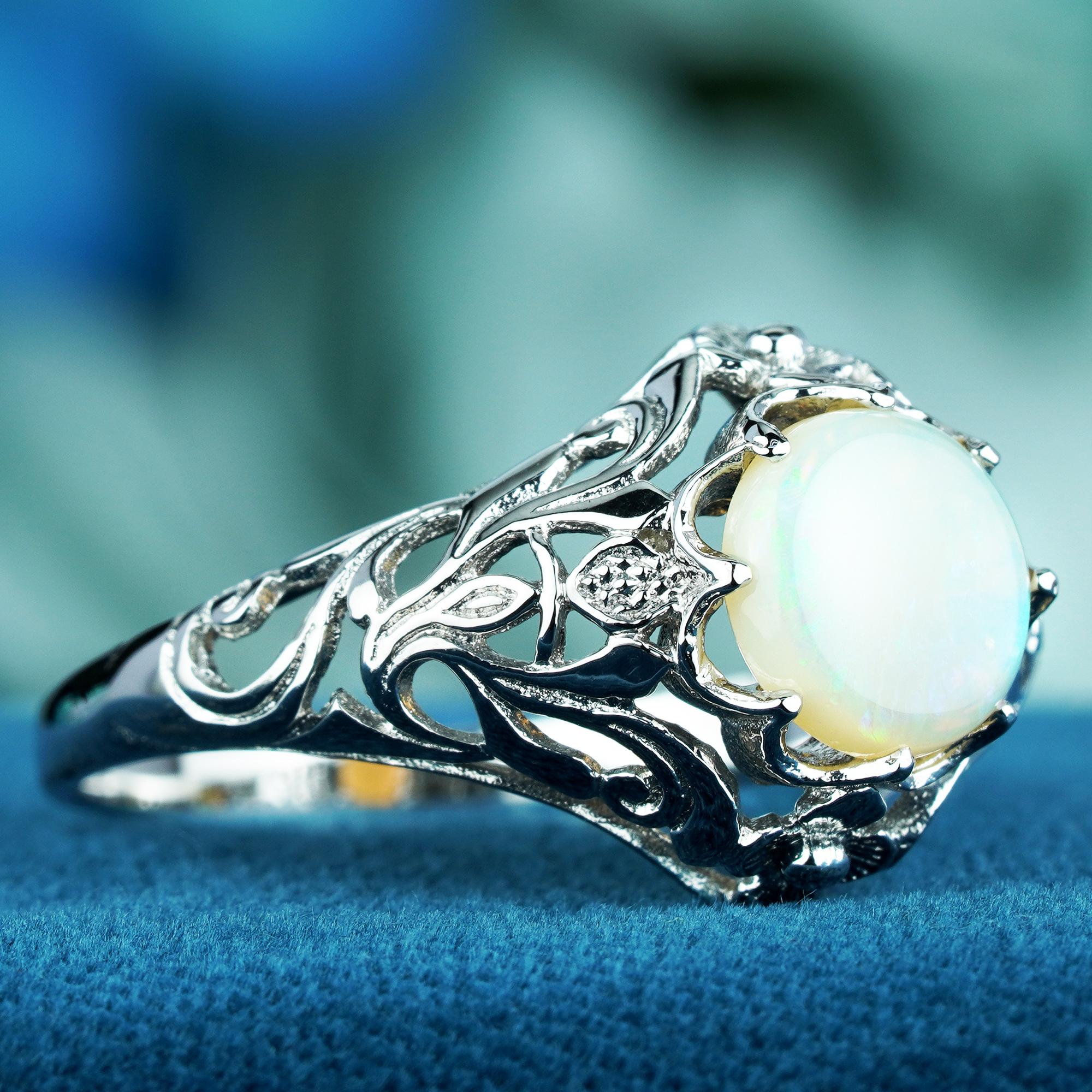 For Sale:  Natural Opal Vintage Style Filigree Solitaire Ring in Solid 9K White Gold 2