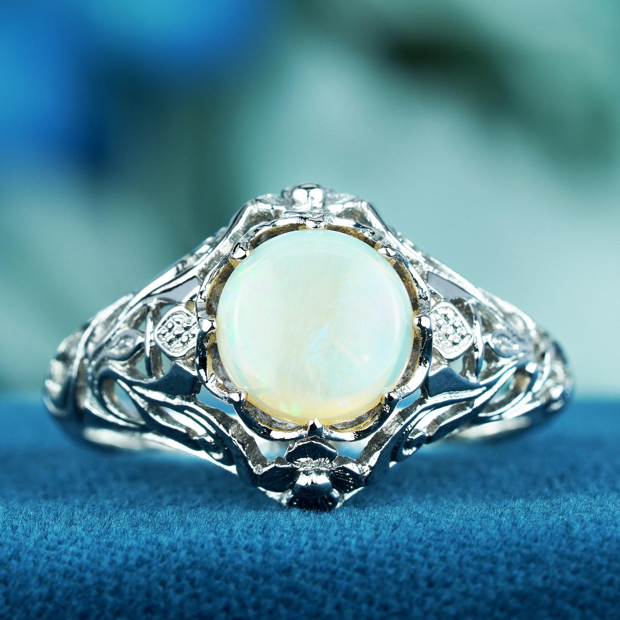 For Sale:  Natural Opal Vintage Style Filigree Solitaire Ring in Solid 9K White Gold 3