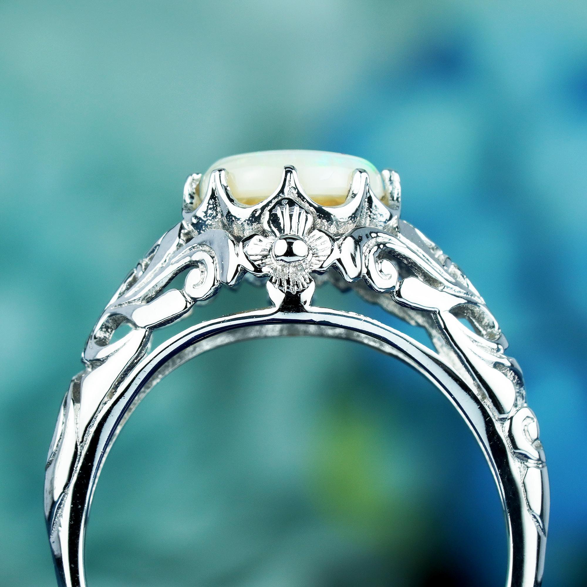 For Sale:  Natural Opal Vintage Style Filigree Solitaire Ring in Solid 9K White Gold 5