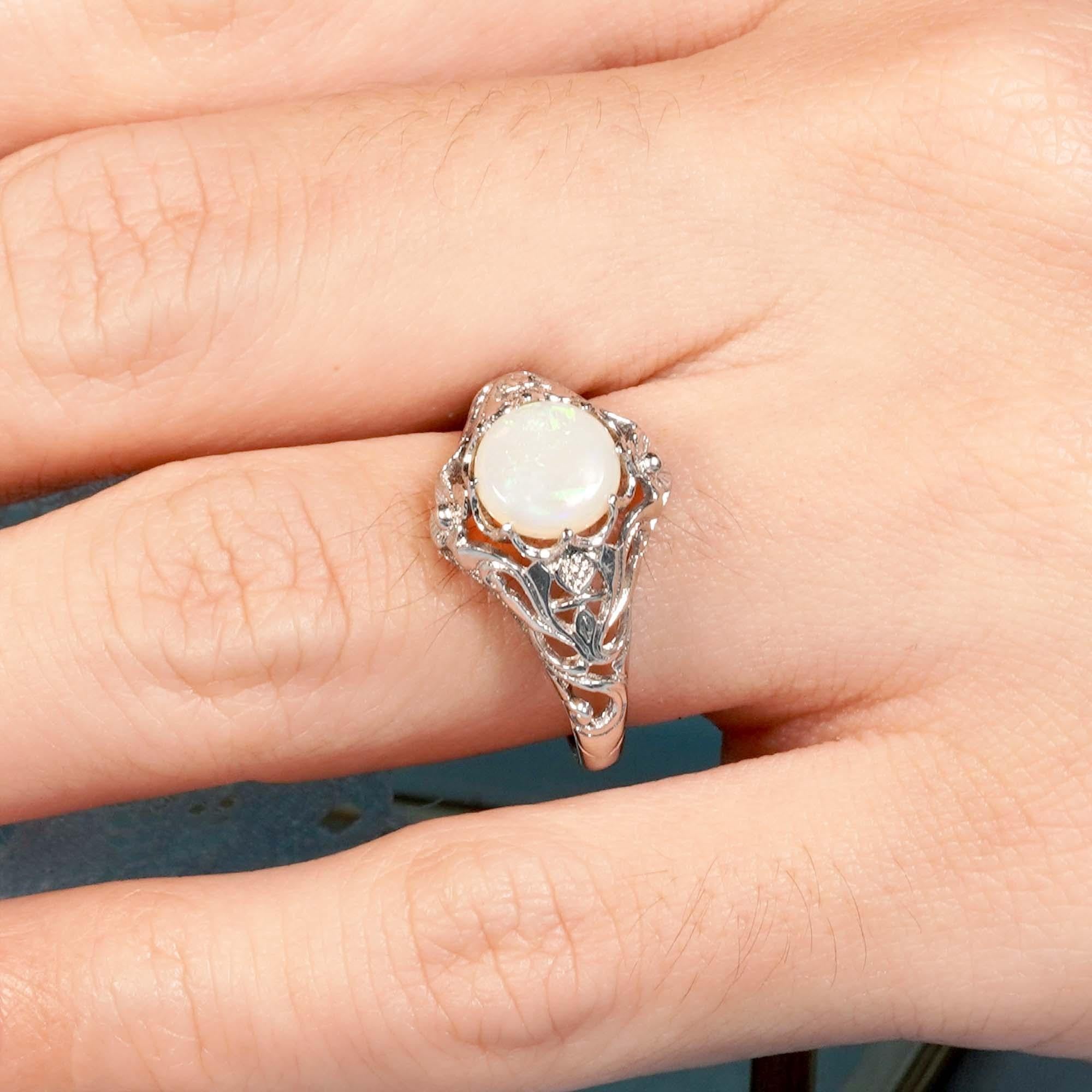 For Sale:  Natural Opal Vintage Style Filigree Solitaire Ring in Solid 9K White Gold 8