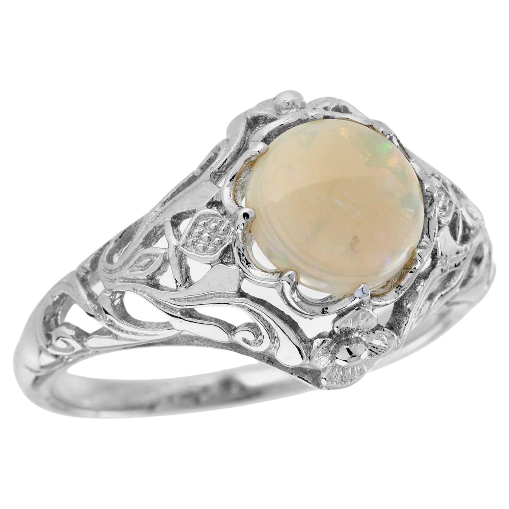 For Sale:  Natural Opal Vintage Style Filigree Solitaire Ring in Solid 9K White Gold