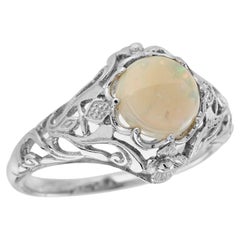 Natural Opal Retro Style Filigree Solitaire Ring in Solid 9K White Gold