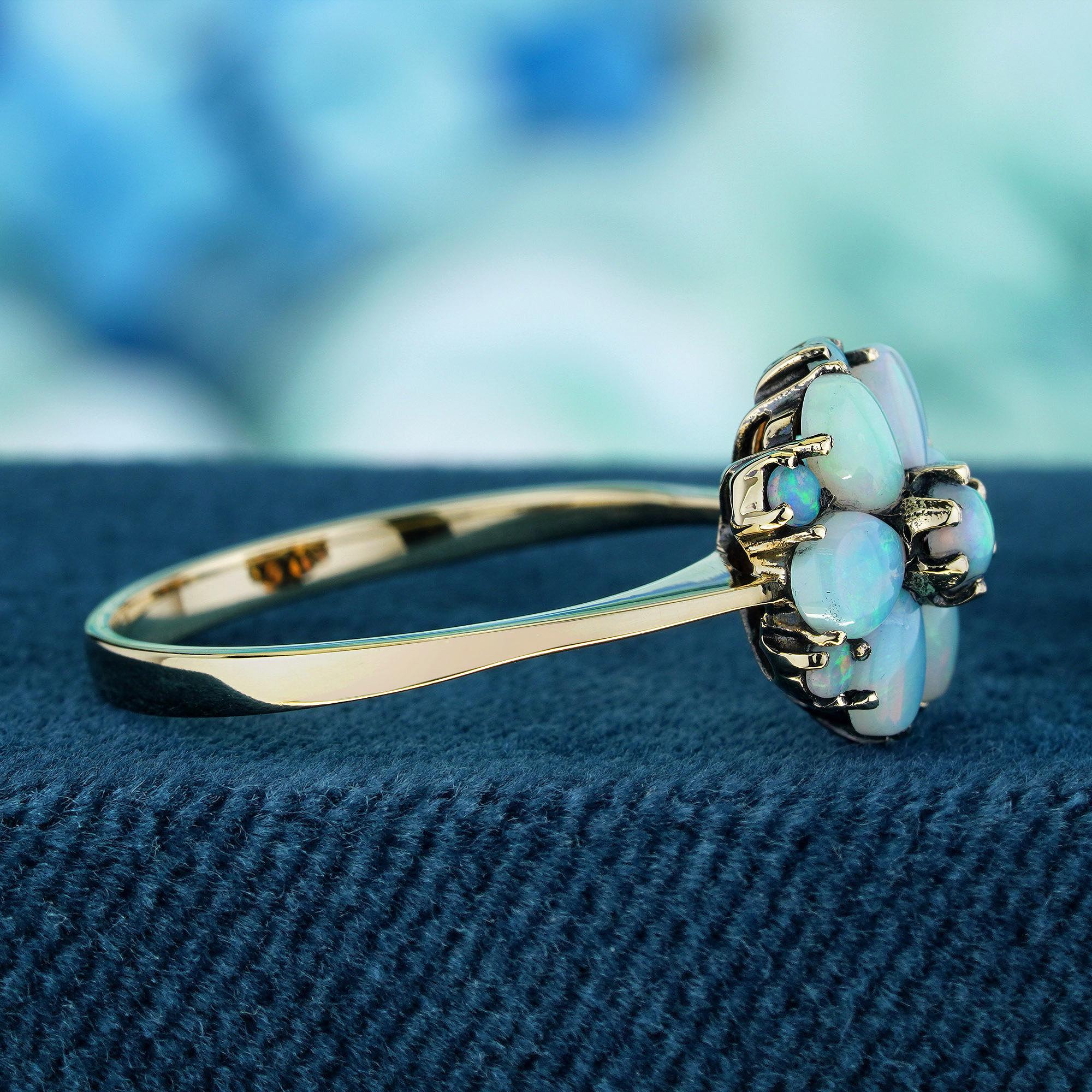 Round Cut Natural Opal Vintage Style Floral Cluster Ring in Solid 9K Yellow Gold