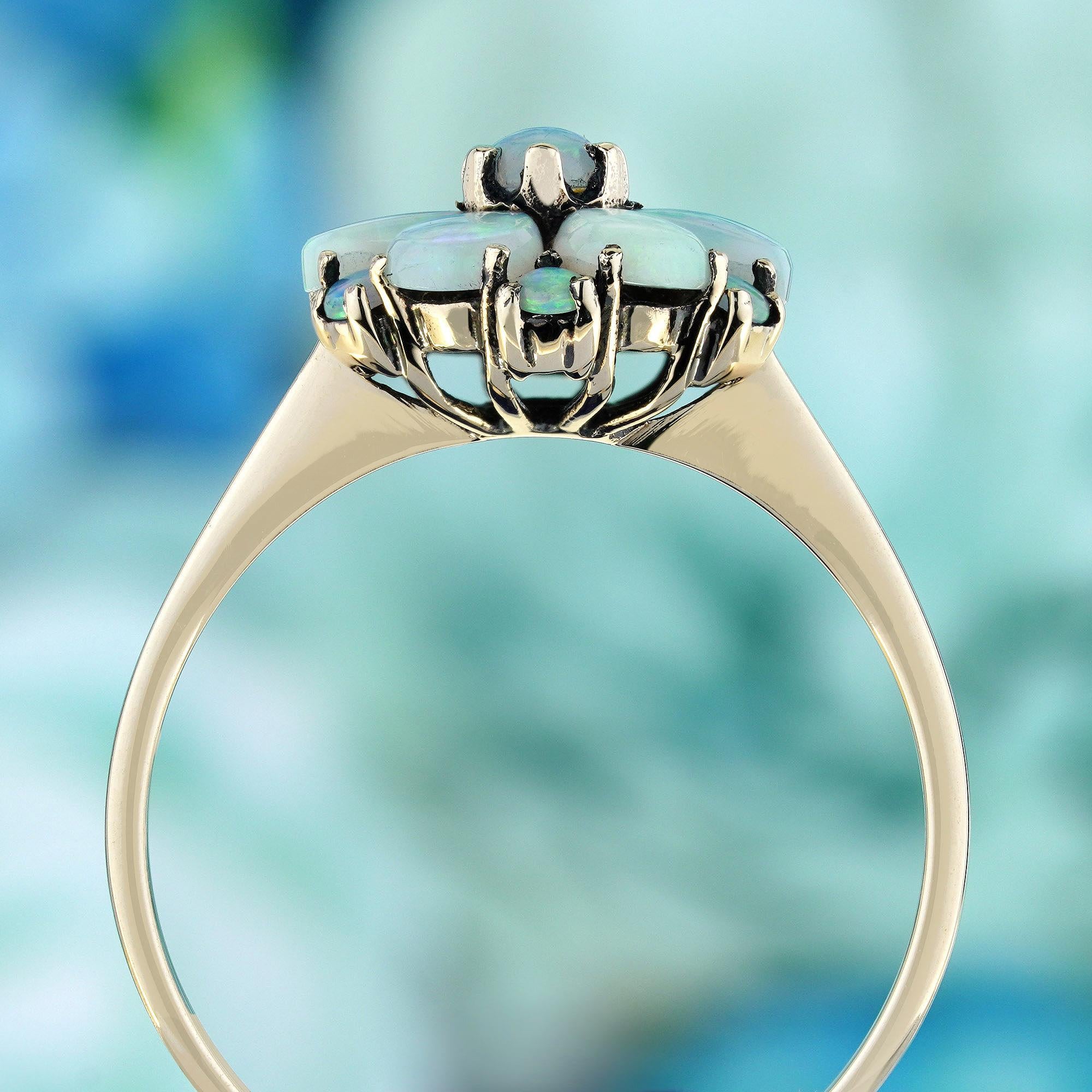 Natural Opal Vintage Style Floral Cluster Ring in Solid 9K Yellow Gold In New Condition In Bangkok, TH