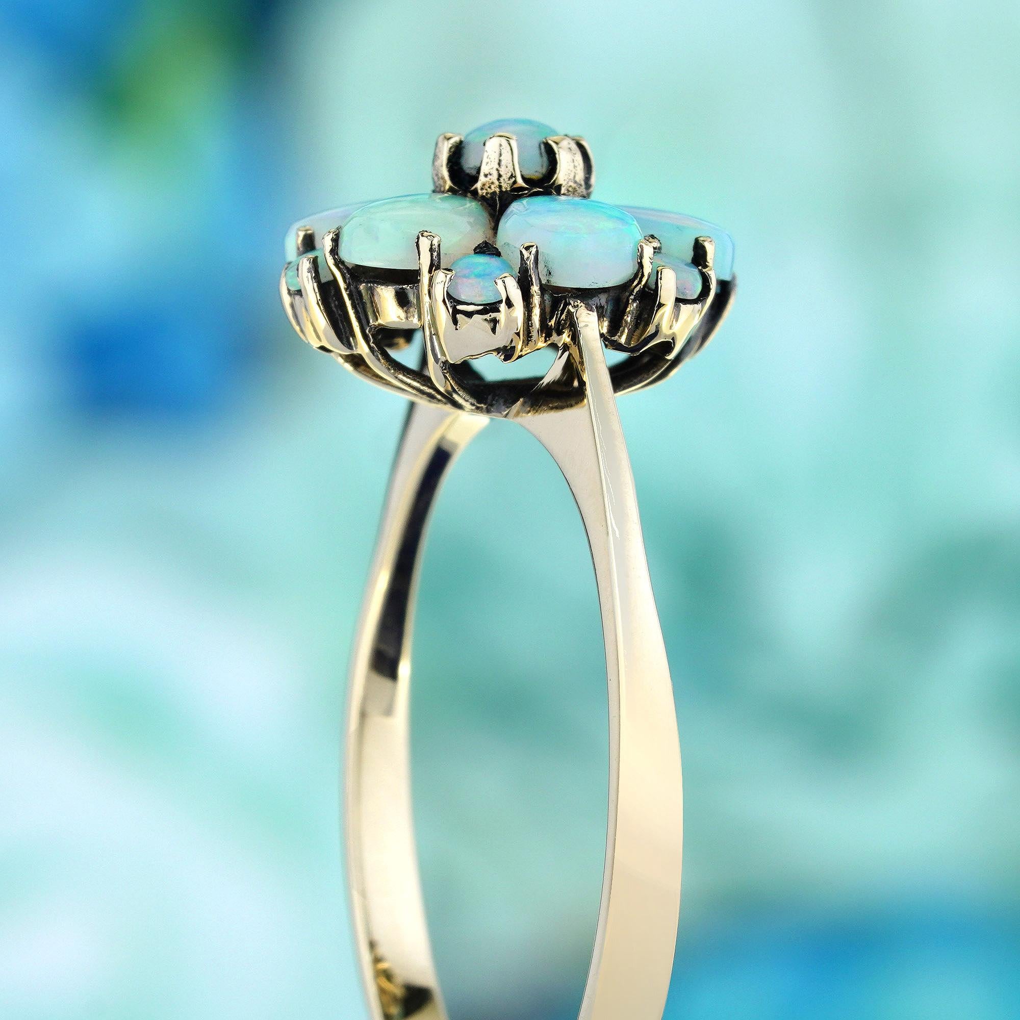 Women's Natural Opal Vintage Style Floral Cluster Ring in Solid 9K Yellow Gold
