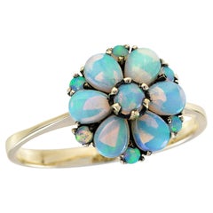 Natural Opal Vintage Style Floral Cluster Ring in Solid 9K Yellow Gold