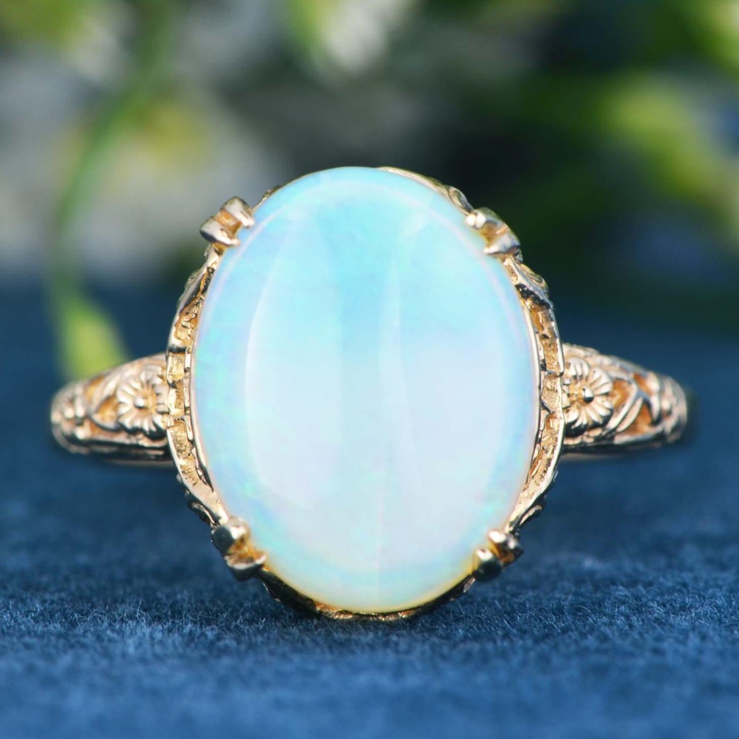 Edwardian Natural Opal Vintage Style Floral Filigree Ring in Solid 14K Yellow Gold For Sale