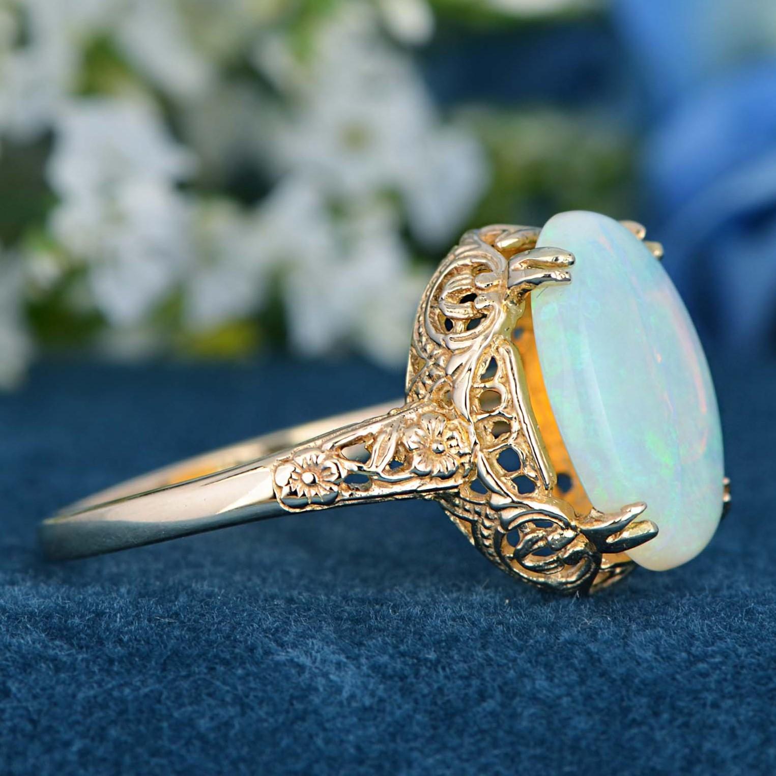 Oval Cut Natural Opal Vintage Style Floral Filigree Ring in Solid 14K Yellow Gold For Sale