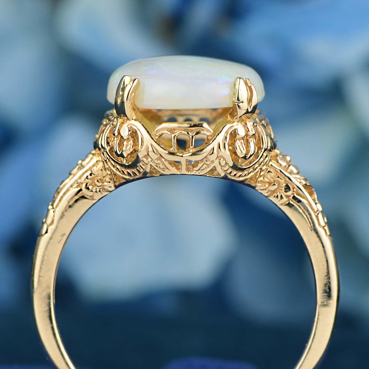 Natural Opal Vintage Style Floral Filigree Ring in Solid 14K Yellow Gold In New Condition For Sale In Bangkok, TH