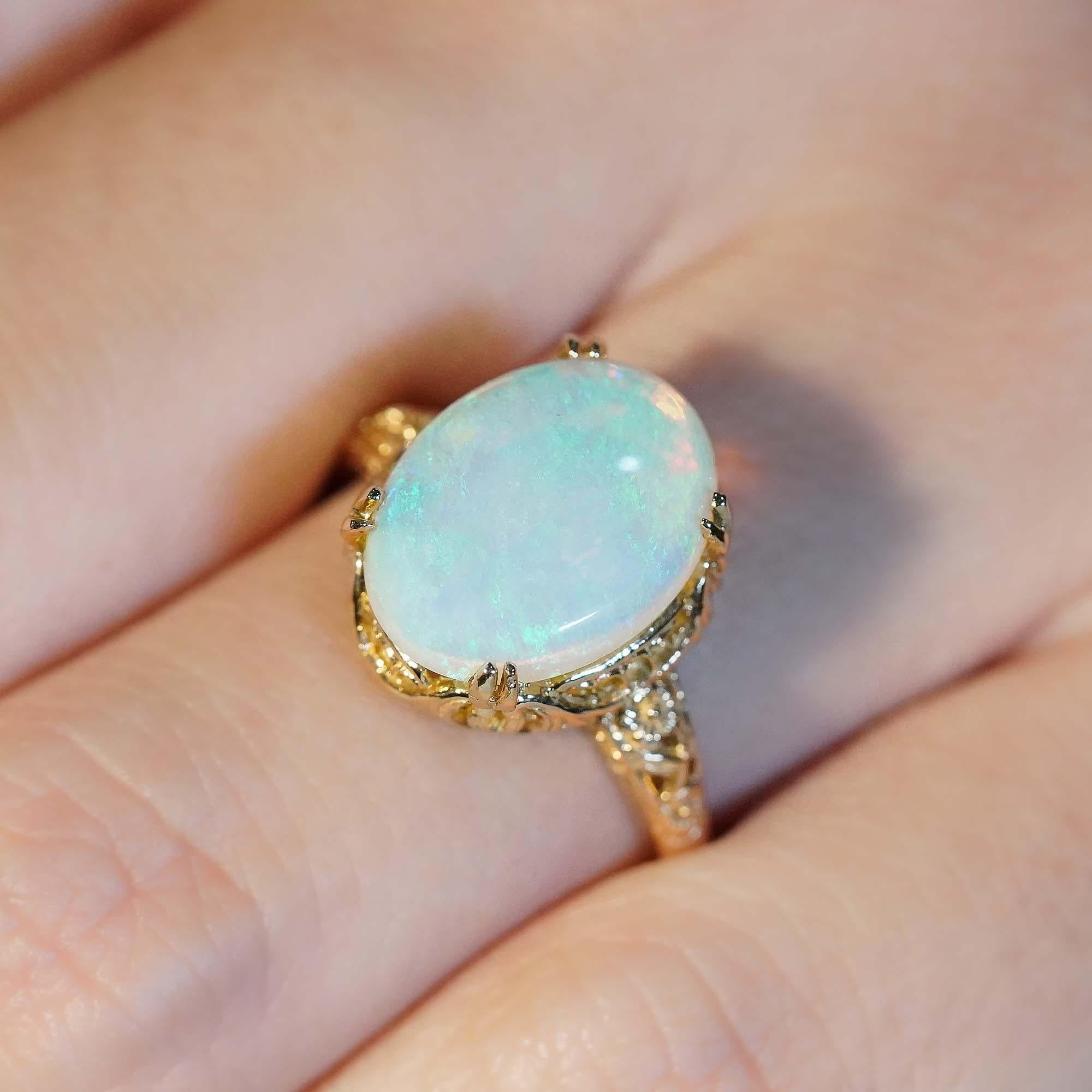 Natural Opal Vintage Style Floral Filigree Ring in Solid 14K Yellow Gold For Sale 4