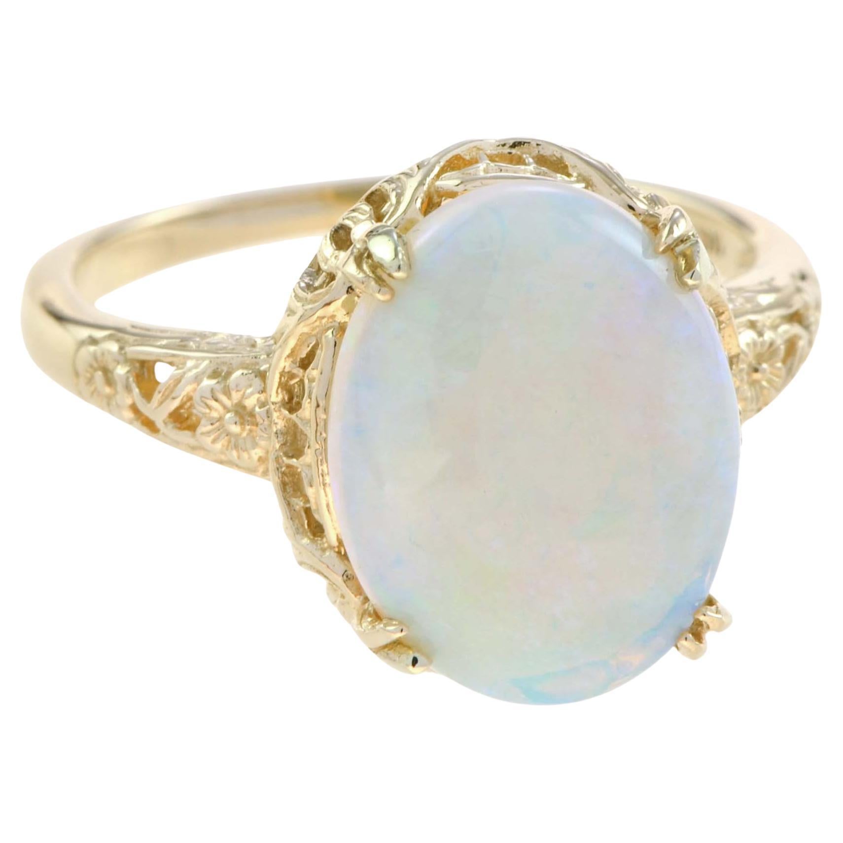 Natural Opal Vintage Style Floral Filigree Ring in Solid 14K Yellow Gold For Sale